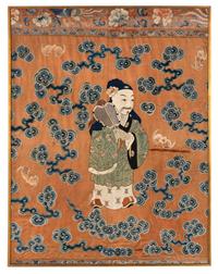 A Pair of Large Chinese Ochre Ground Embroidered Silk 'Immortal' Panels, 18th-19th Century 清中期 杏子地福壽圖大褂屏一對