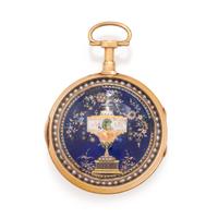 CHEVALIER & CO. ENAMEL, PEARL AND DIAMOND OPEN FACE POCKET WATCH