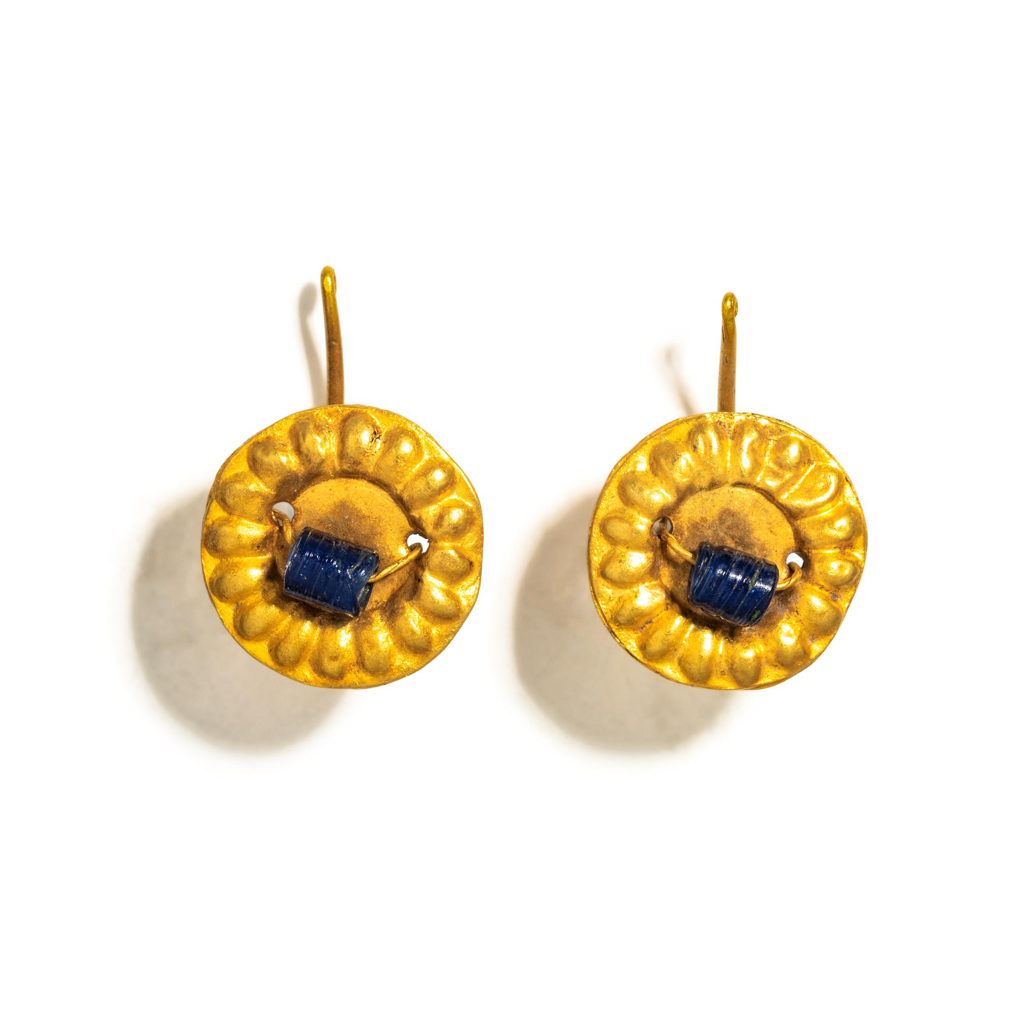 A Pair of Late Roman Gold and Blue Glass Earrings