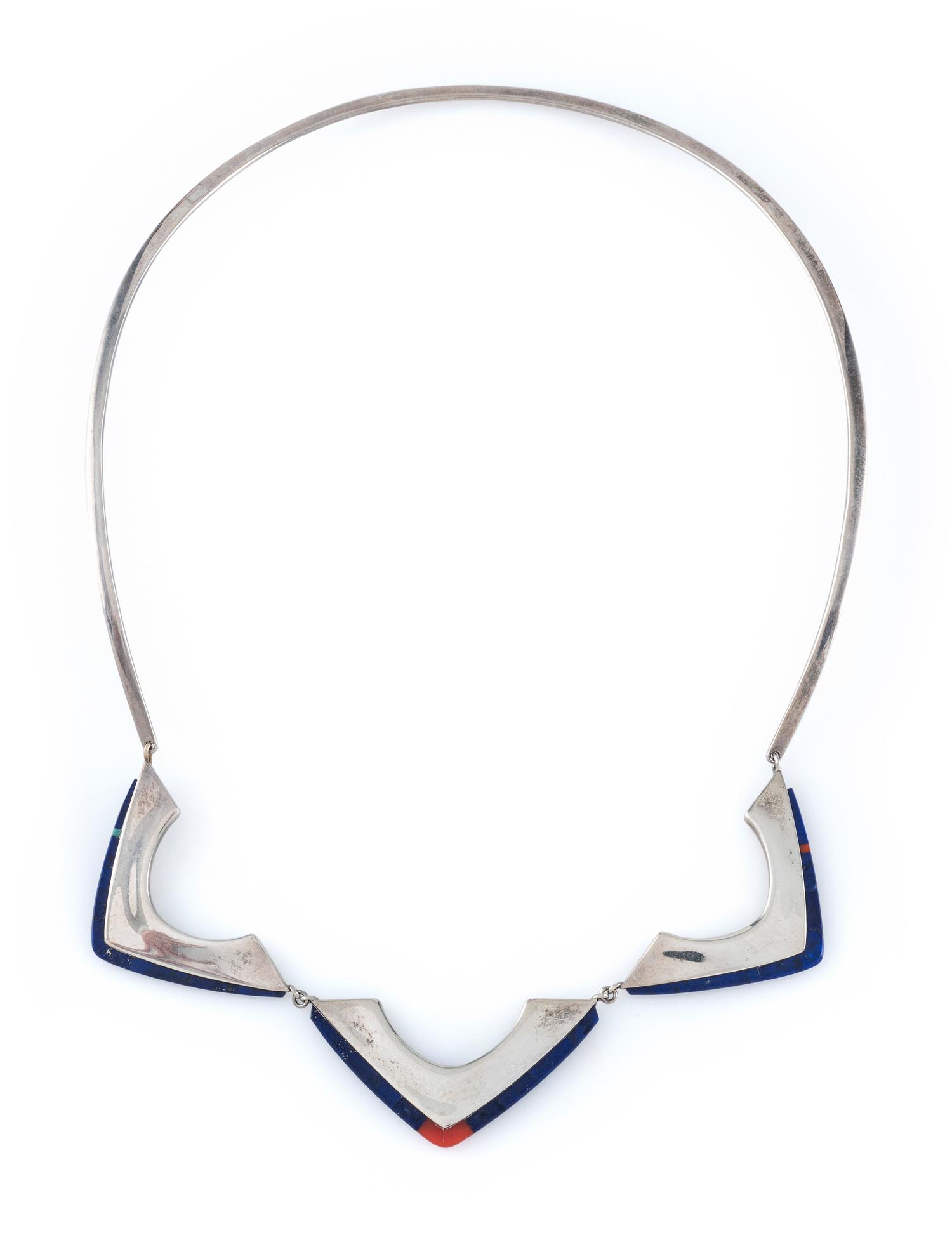 Sterling Silver Choker and Post Earrings, with Coral and Lapis Inlay