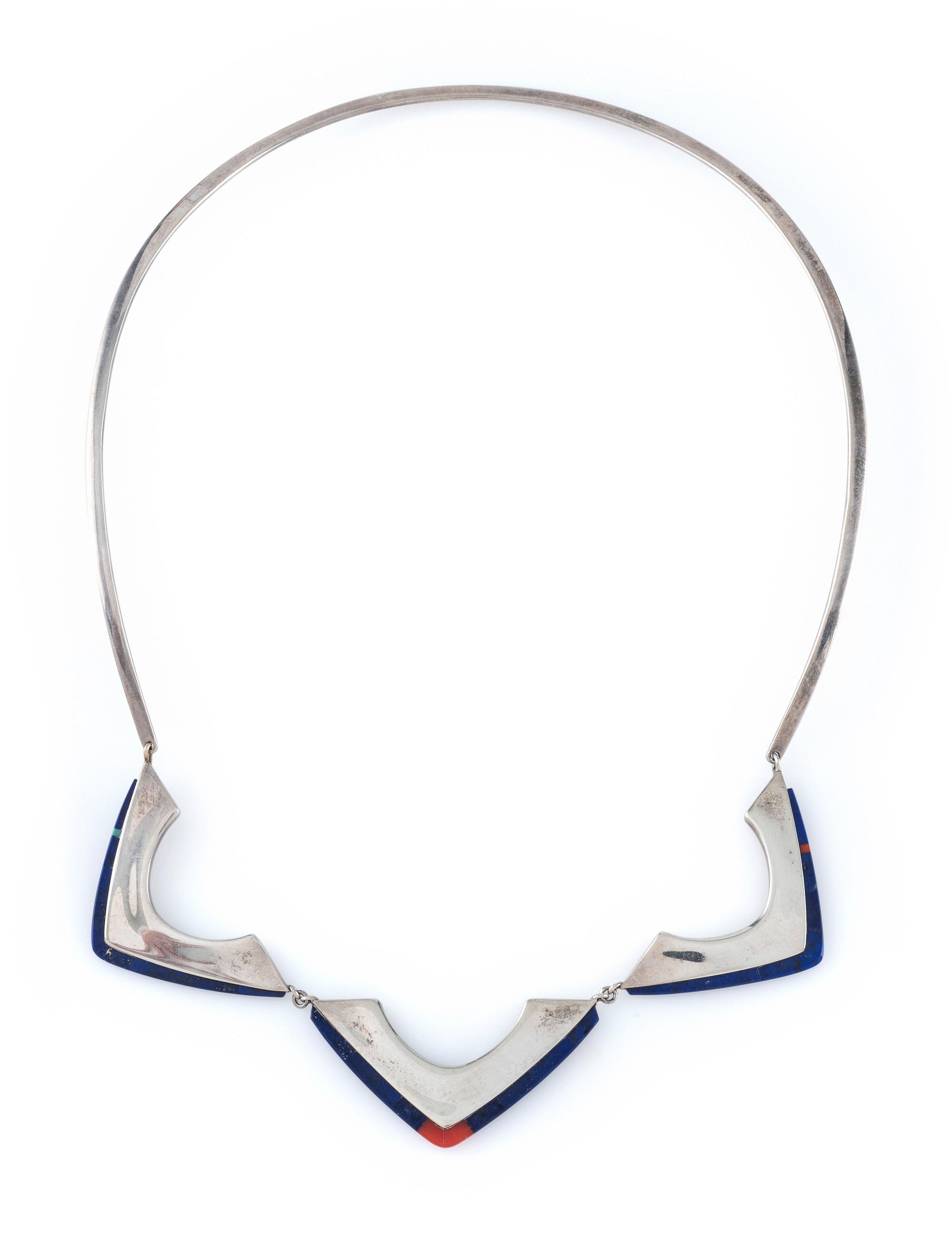 Sterling Silver Choker and Post Earrings, with Coral and Lapis Inlay