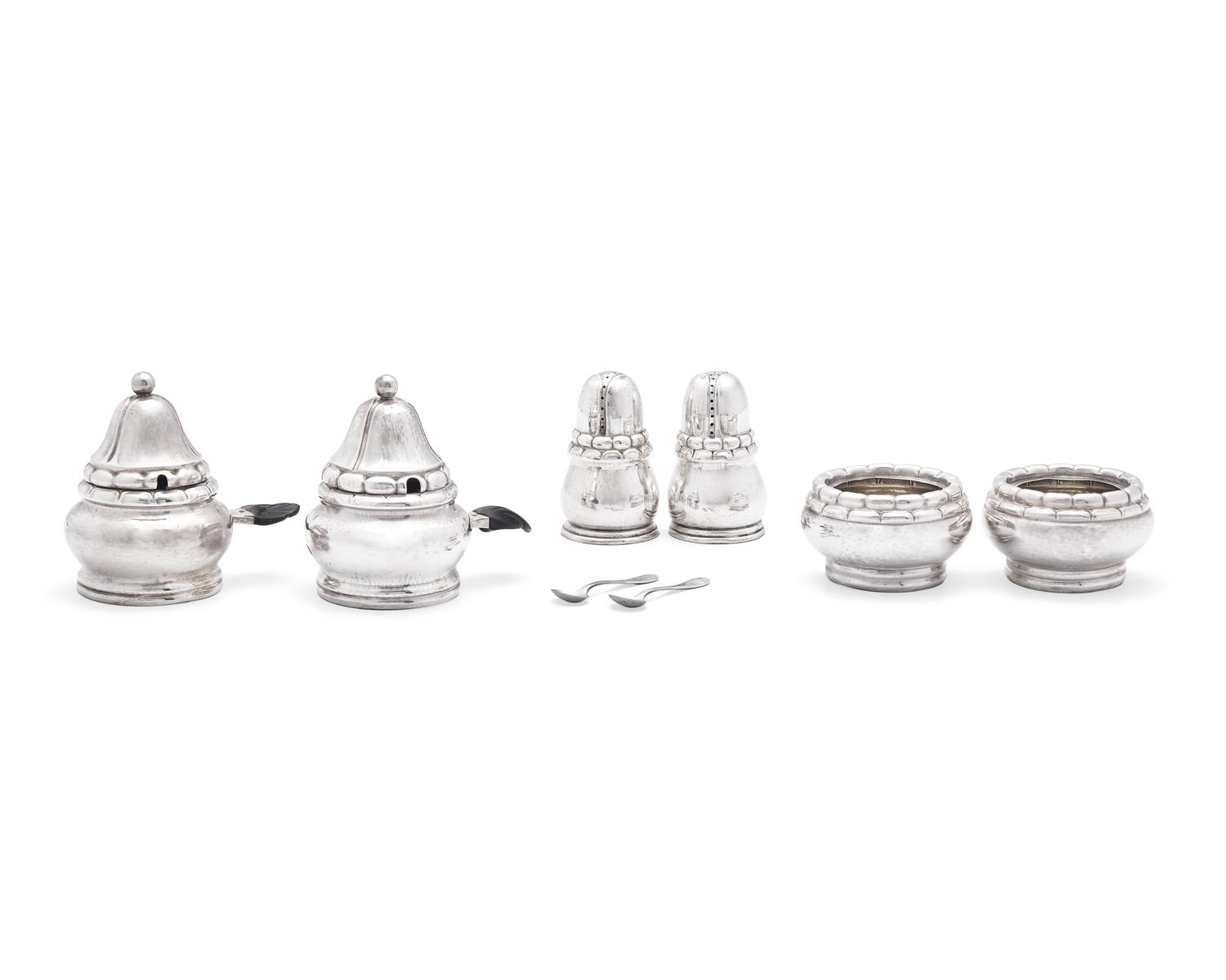 A Pair Georg Jensen Silver Salts Cellers, Pepper Casters and Mustard Pots