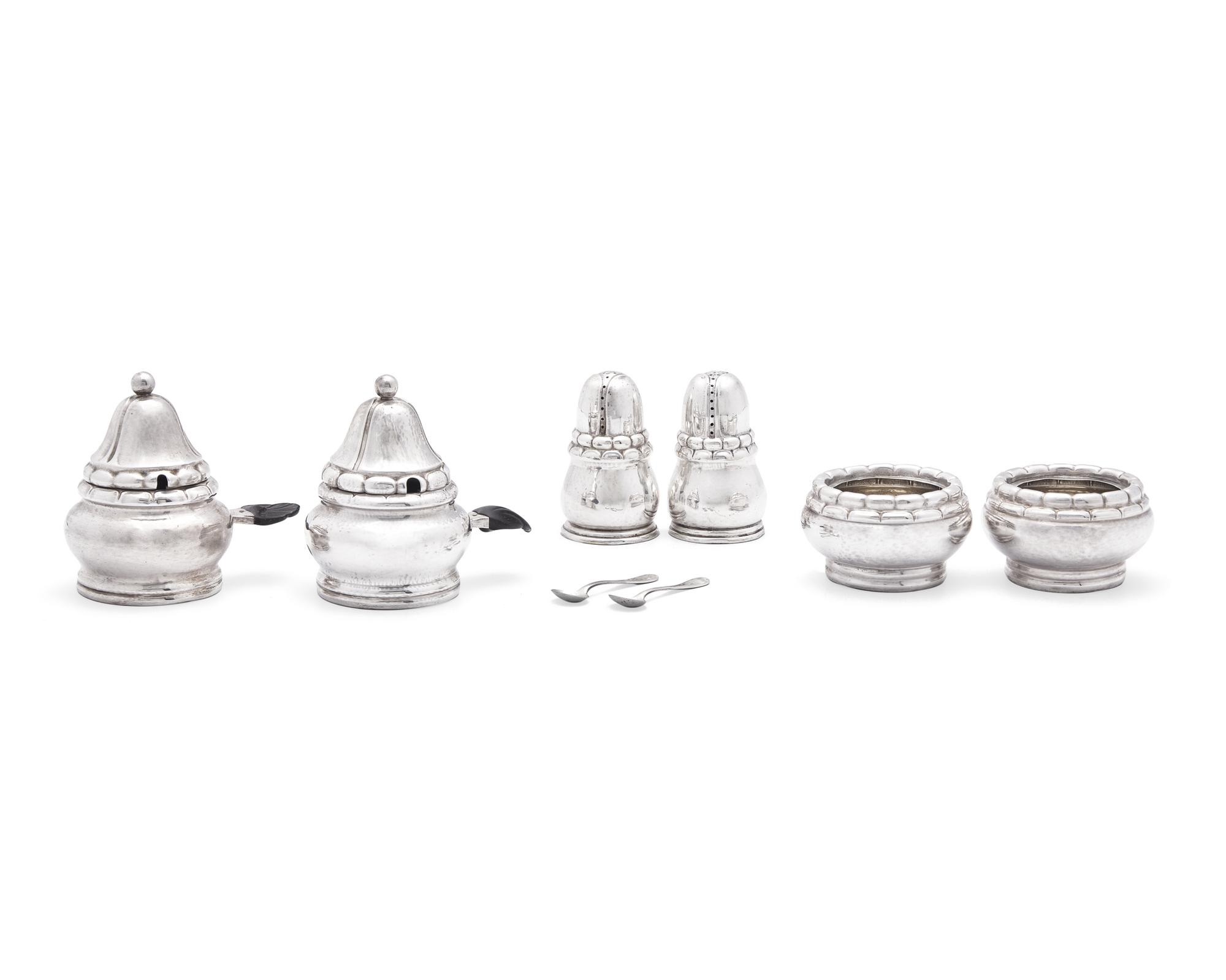 A Pair Georg Jensen Silver Salts Cellers, Pepper Casters and Mustard Pots