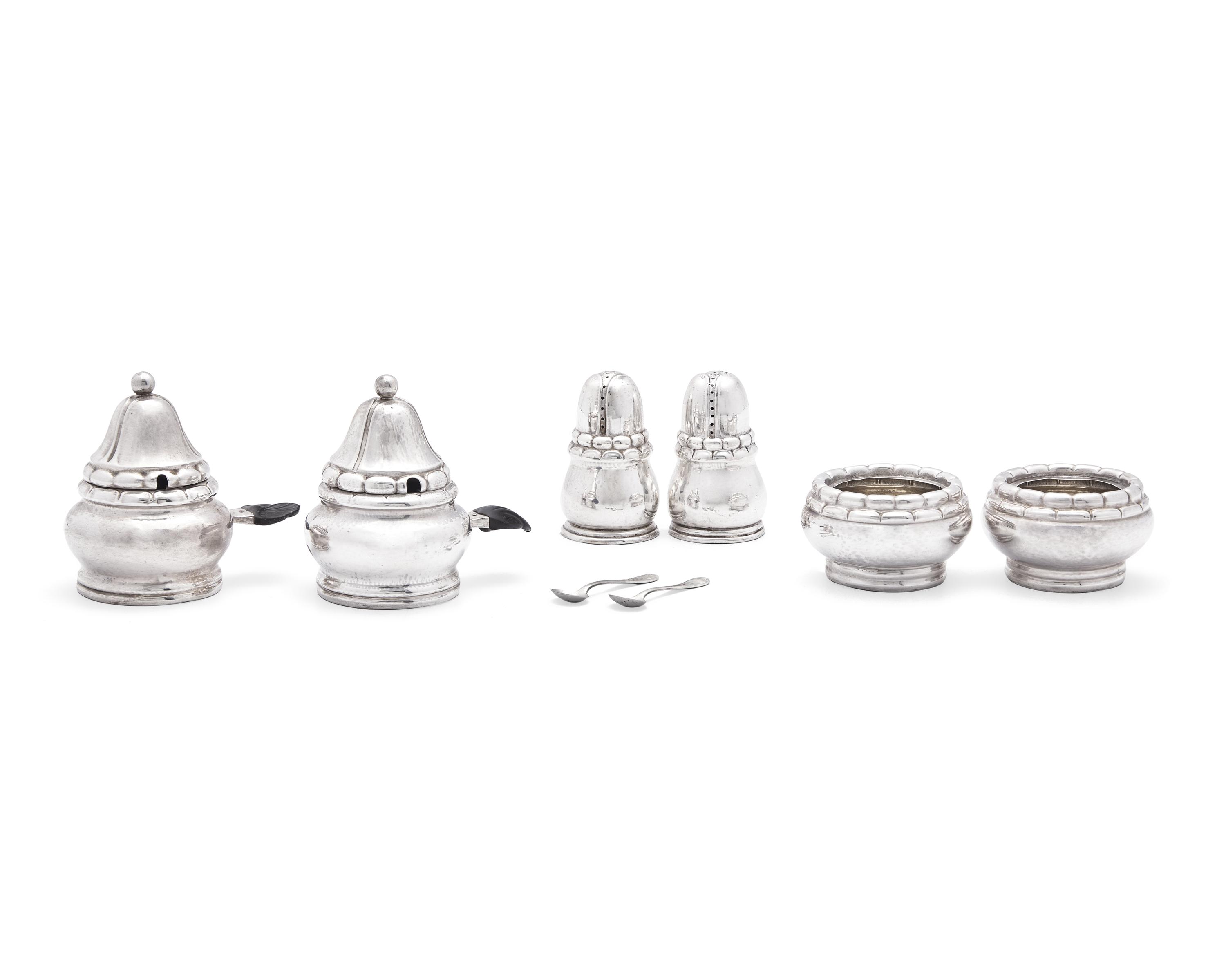 A Pair Georg Jensen Silver Salts Cellers, Pepper Casters and Mustard Pots