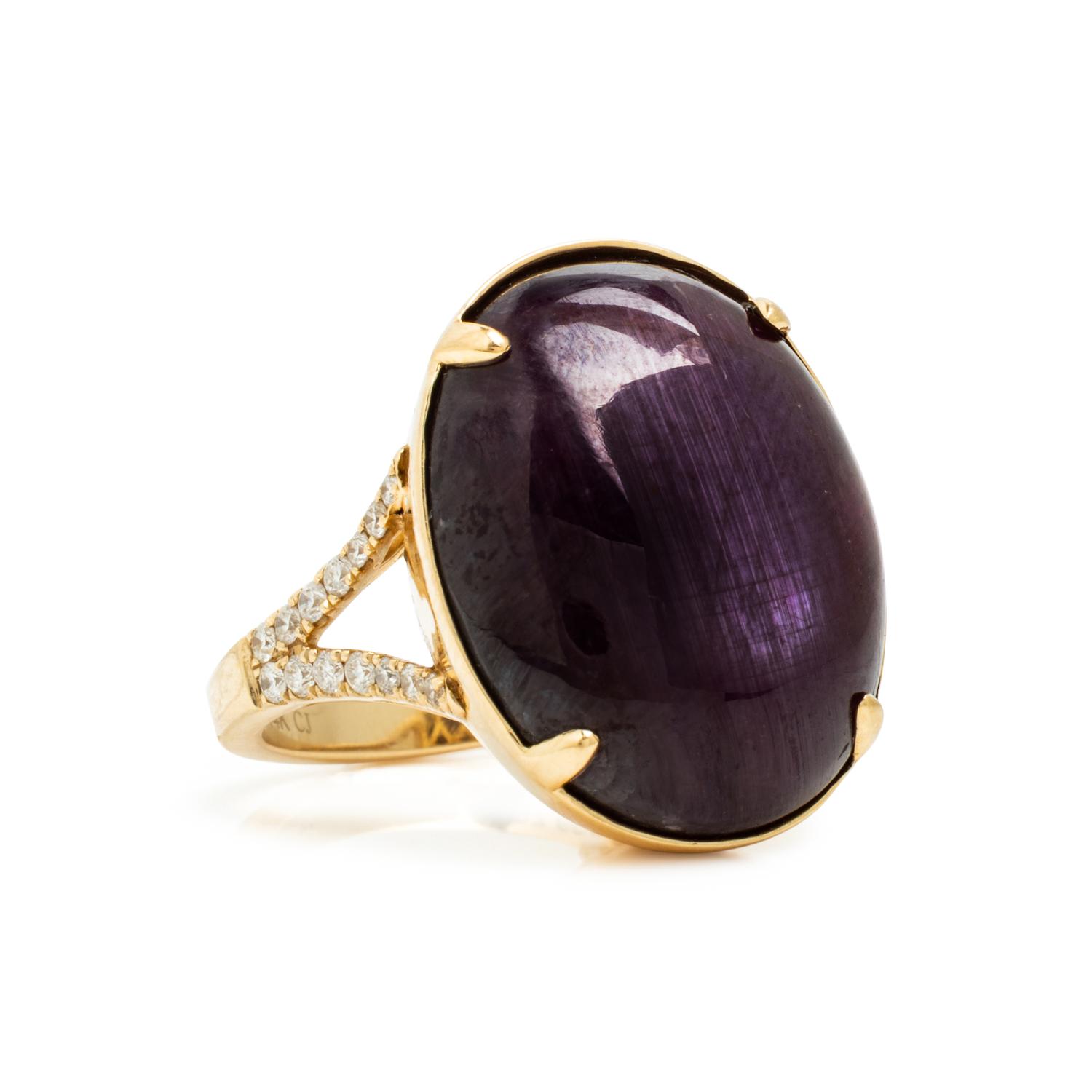 Star Purple Sapphire, Diamond, and Yellow Gold Ring