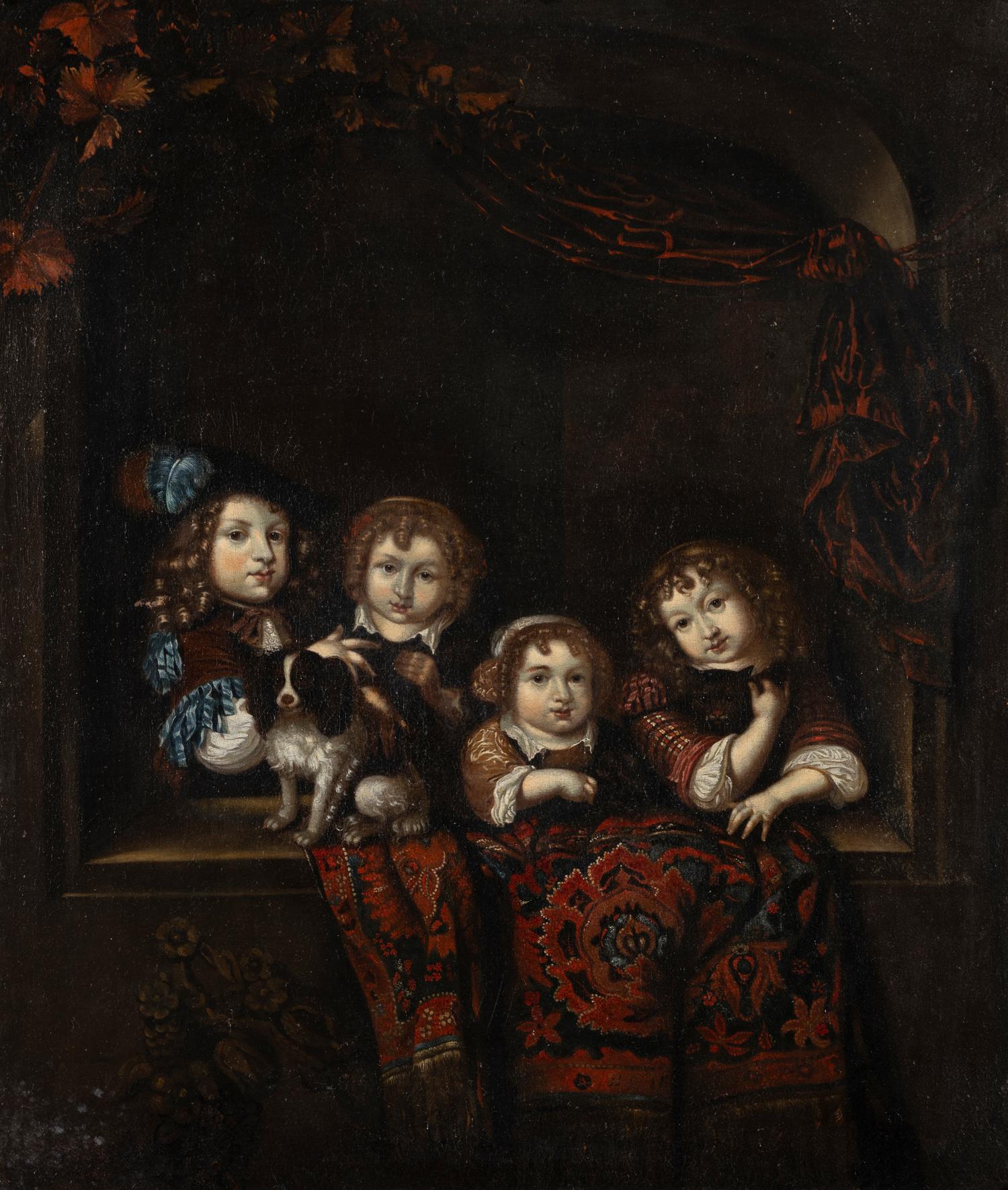 Four Children and Their Pets at a Window