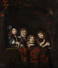 Four Children and Their Pets at a Window