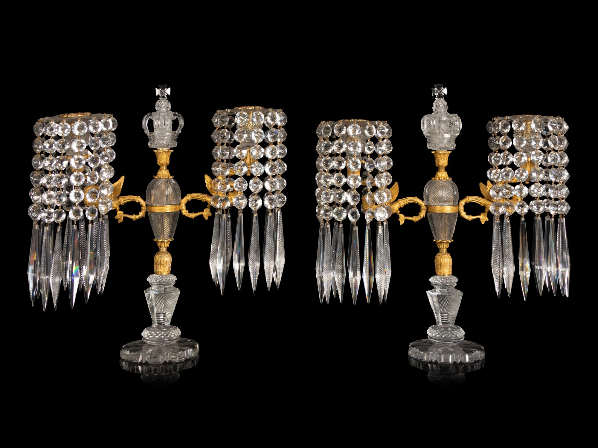 A Pair of Charles X Gilt Bronze Mounted Cut Crystal Two-Light Candelabra