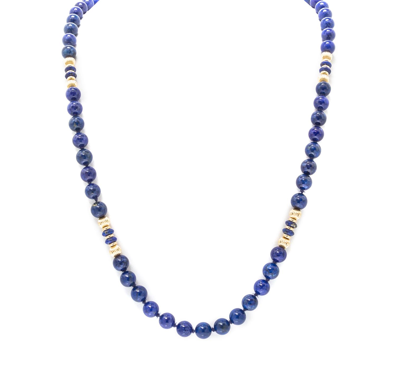 A 14 Karat Yellow Gold, Lapis Lazuli and Gold Bead Necklace,