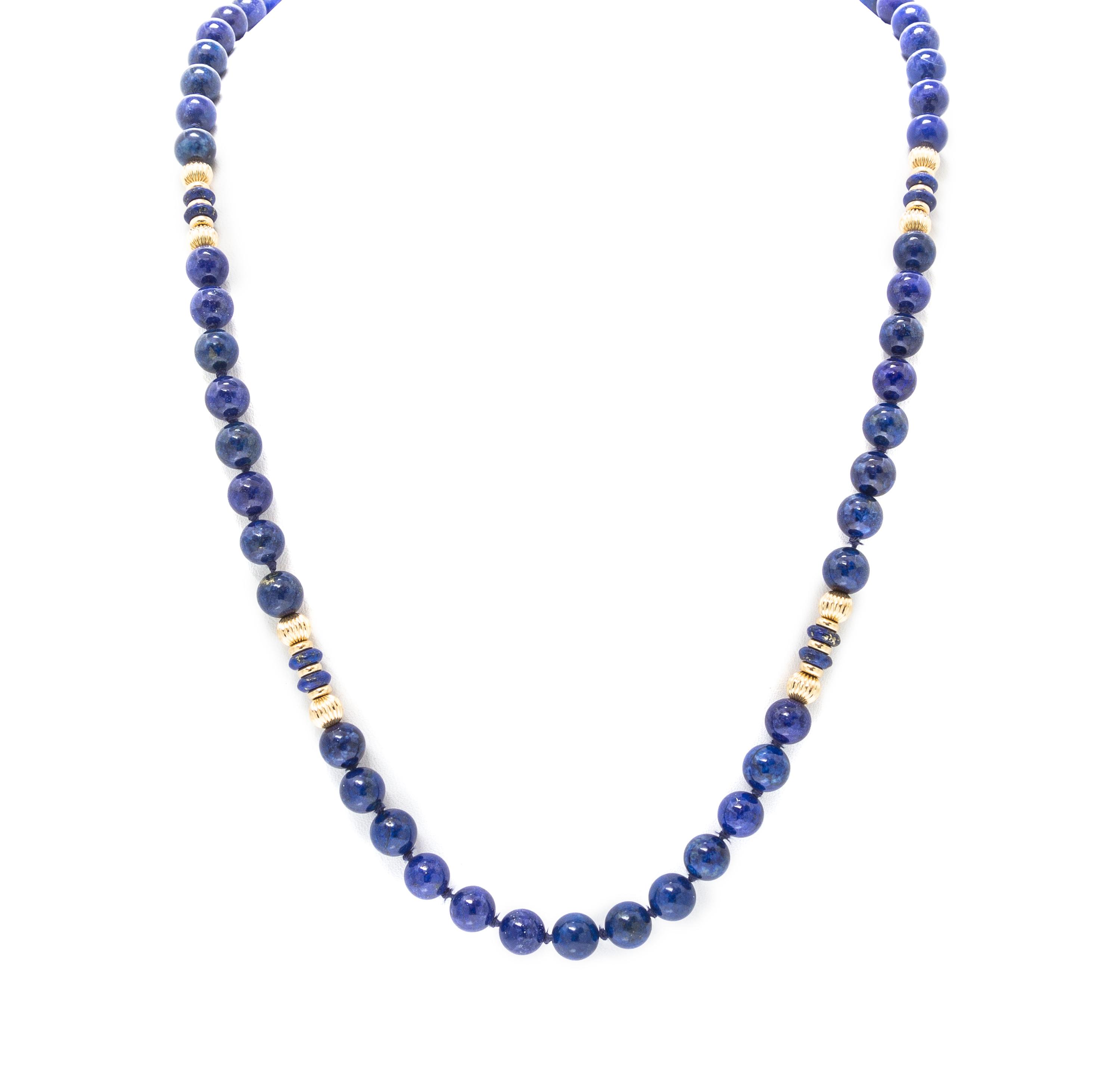A 14 Karat Yellow Gold, Lapis Lazuli and Gold Bead Necklace,