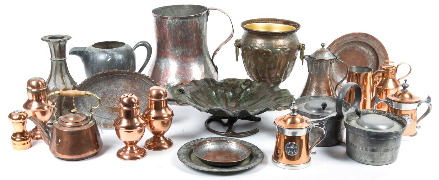 A Collection of Copper and Silvered Metal Articles Height of tallest 11 inches. — 19TH/20TH CENTURY