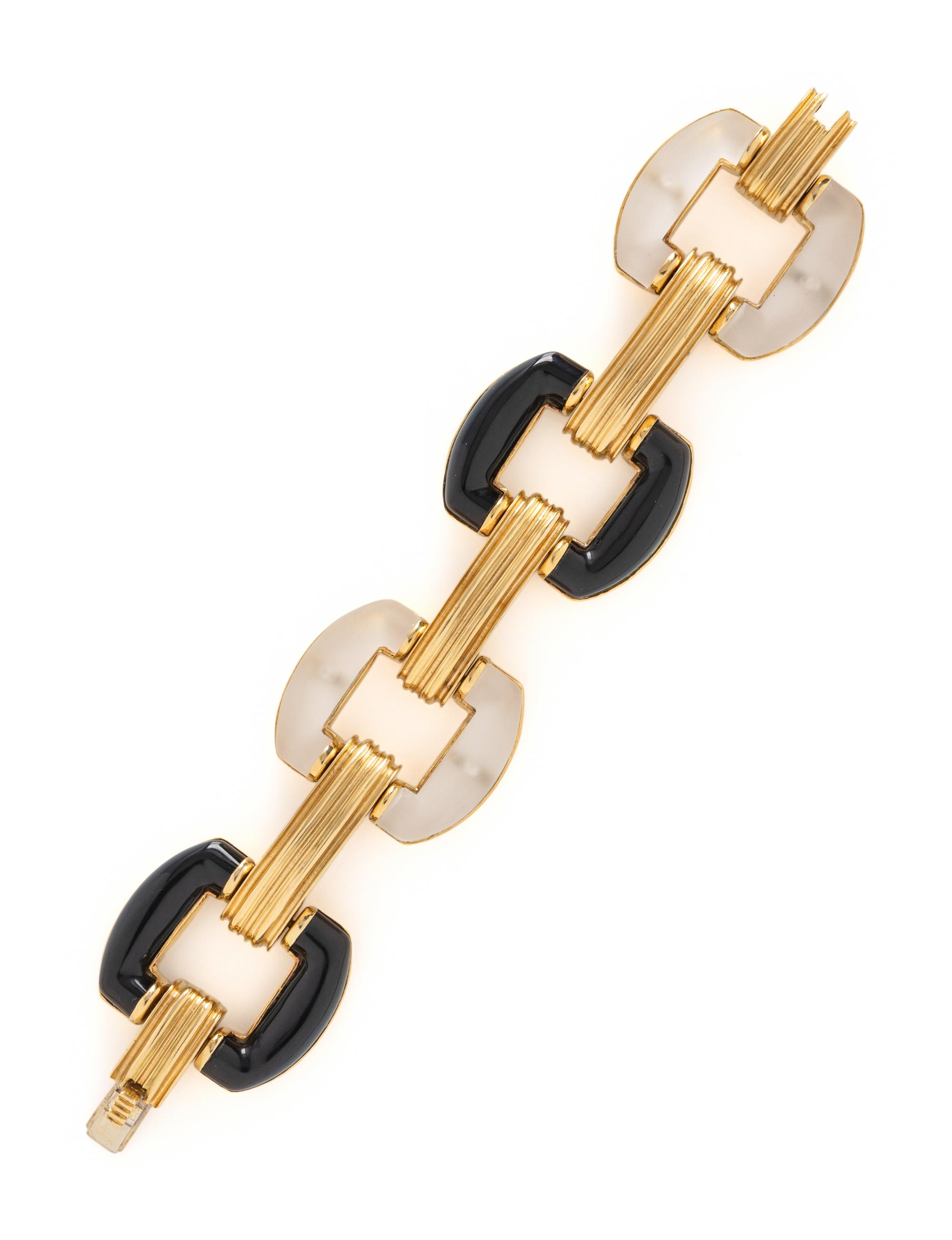 ONYX, FROSTED CRYSTAL, AND YELLOW GOLD BRACELET