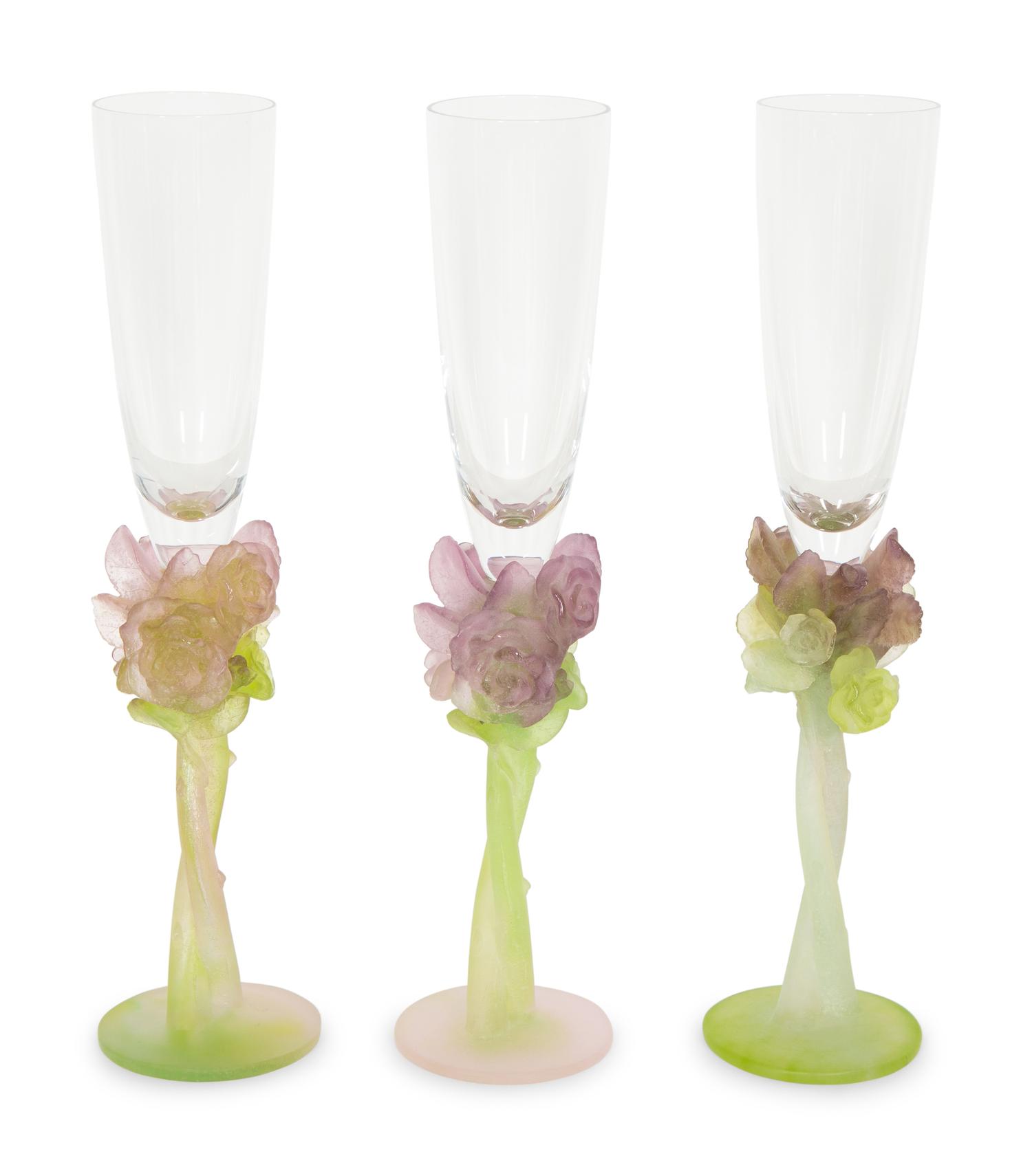 A Set of Twelve Daum Pâte de Verre and Colorless Glass Roses Champagne Flutes