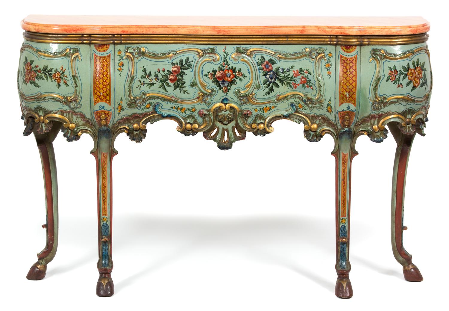 A Pair of Italian Painted and Parcel Gilt Console Tables Height 36 x width 55 3/4 x depth 12 1/4 inches. — 20TH CENTURY