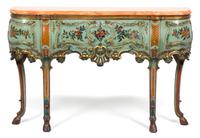 A Pair of Italian Painted and Parcel Gilt Console Tables Height 36 x width 55 3/4 x depth 12 1/4 inches. — 20TH CENTURY