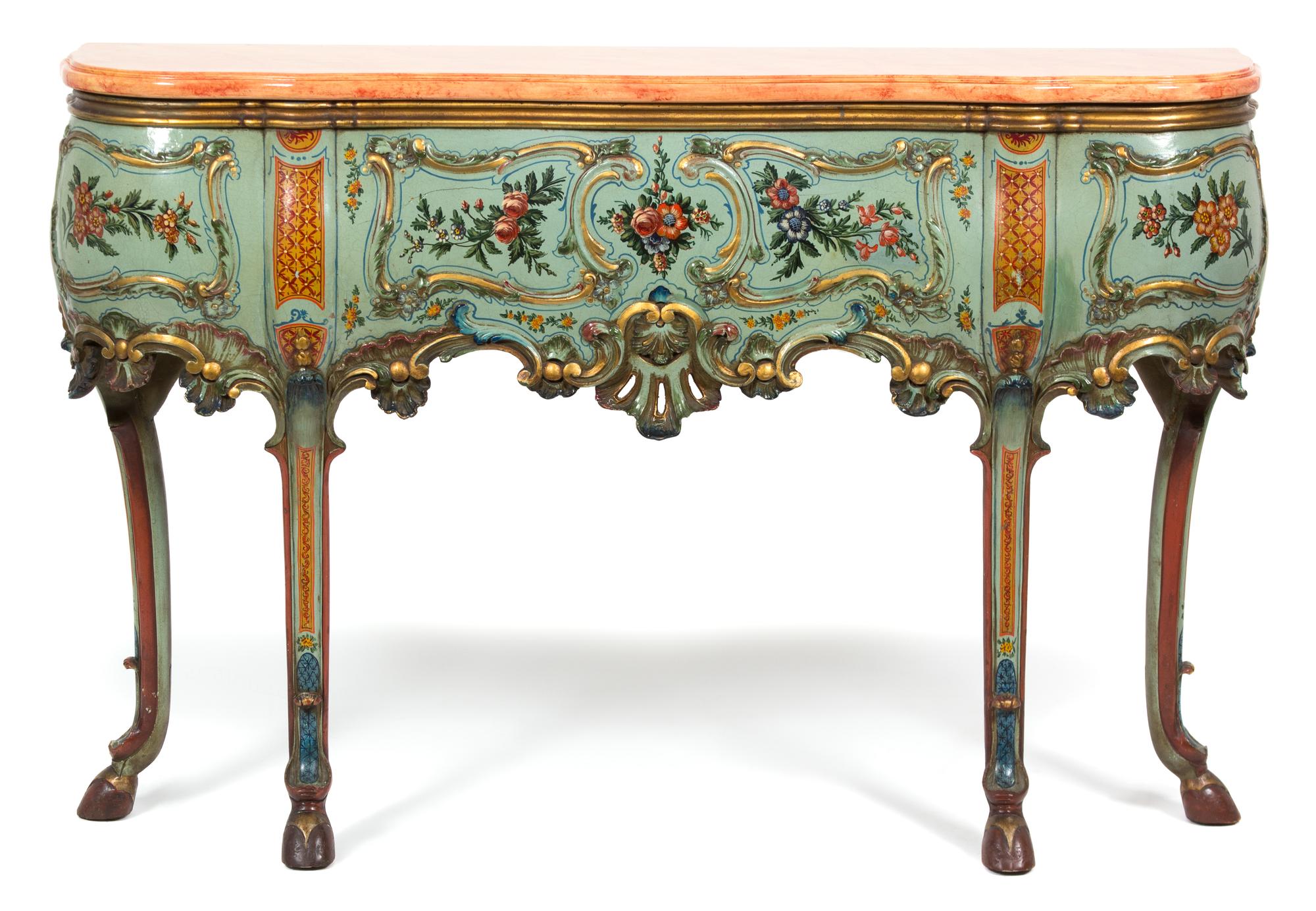 A Pair of Italian Painted and Parcel Gilt Console Tables Height 36 x width 55 3/4 x depth 12 1/4 inches. — 20TH CENTURY
