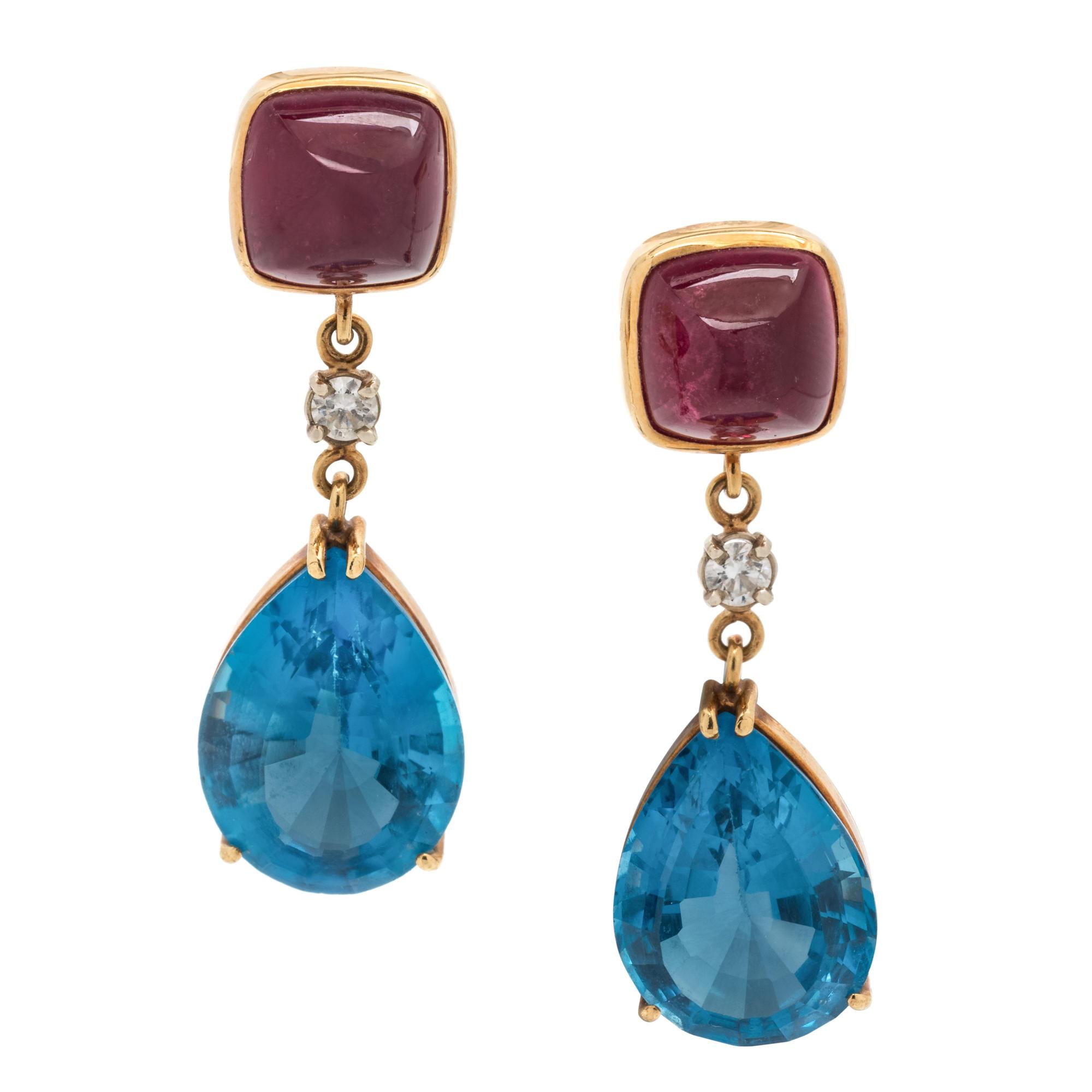 PINK TOURMALINE, BLUE TOPAZ AND DIAMOND EARCLIPS