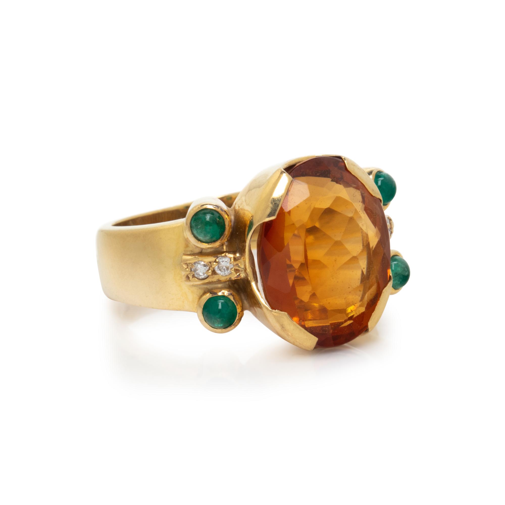 YELLOW GOLD, CITRINE, EMERALD, AND DIAMOND RING