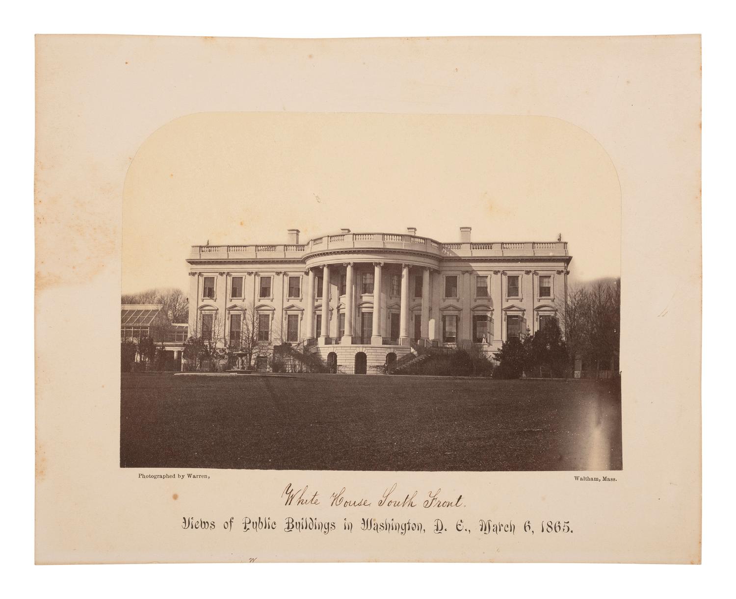 [POLITICS - EARLY PHOTOGRAPHY]. WARREN, Henry F., photog. Albumen photograph of the White House. Waltham, MA, ca 1865