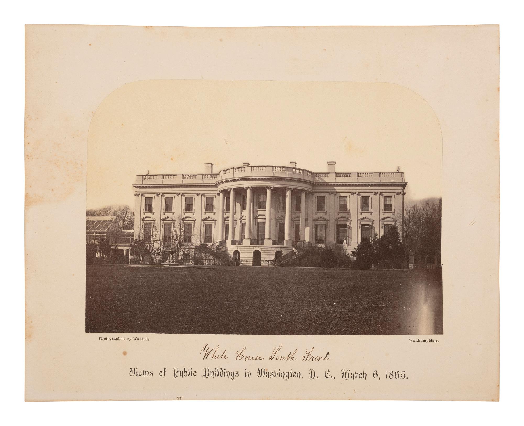 [POLITICS - EARLY PHOTOGRAPHY]. WARREN, Henry F., photog. Albumen photograph of the White House. Waltham, MA, ca 1865
