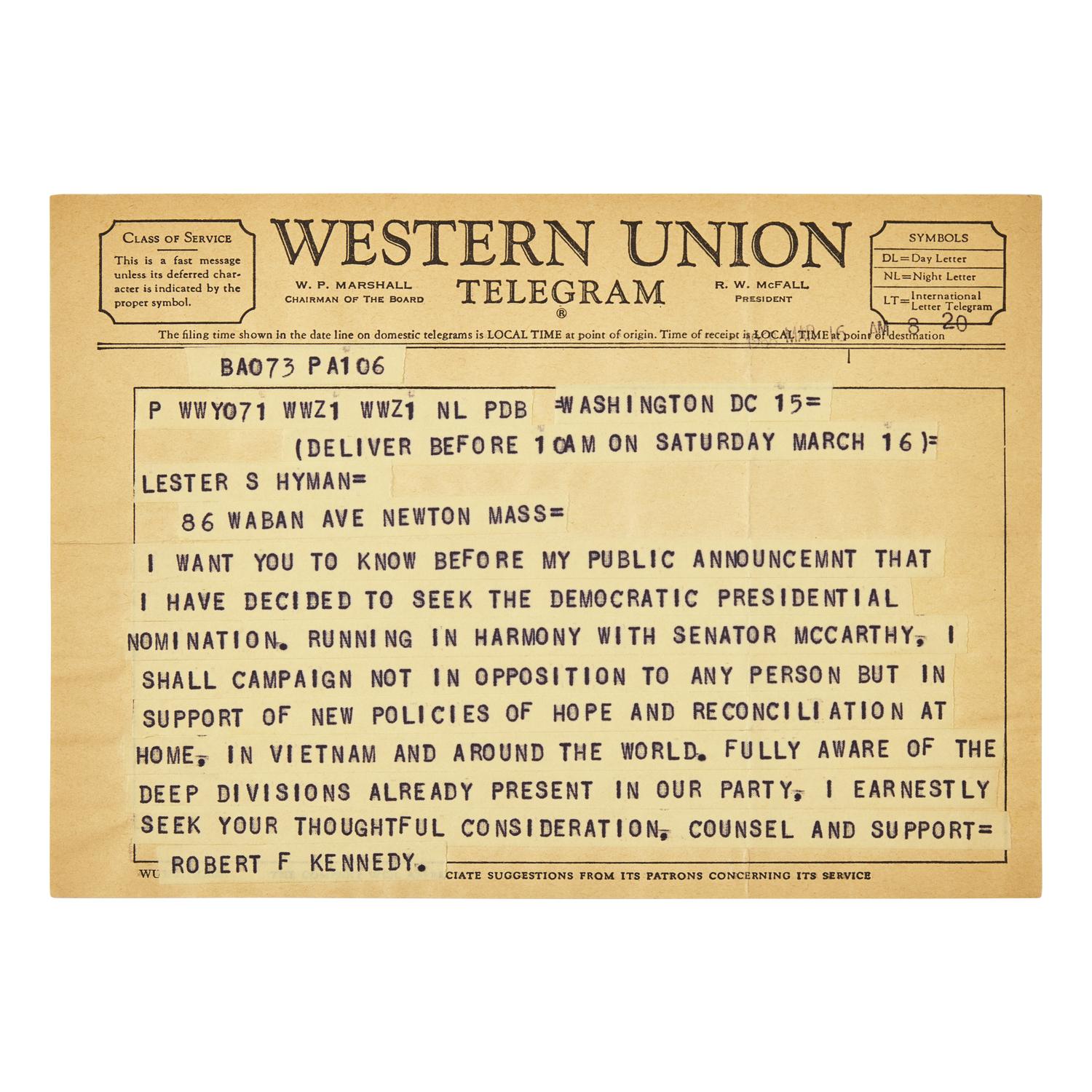 [Americana] (Kennedy, Robert F.) Western Union Telegram Announcing Presidential Campaign