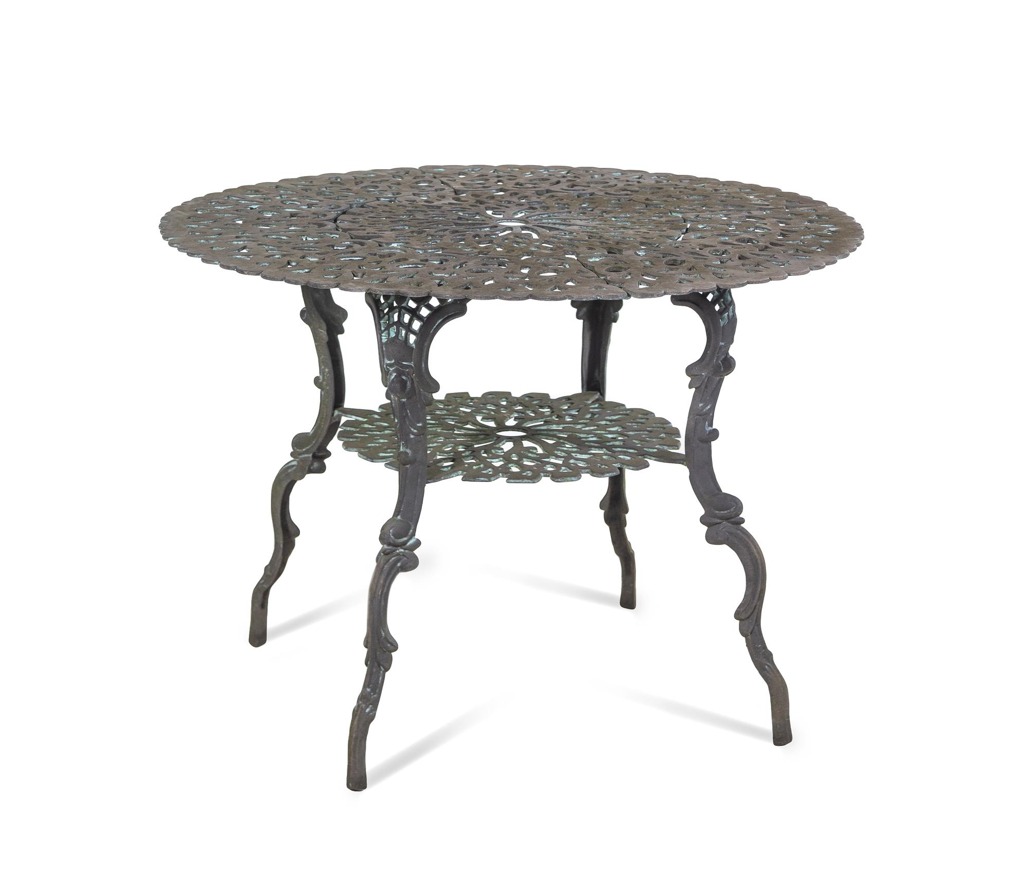 A Set of Three Victorian Style Cast Iron Garden Tables with Twelve Chairs