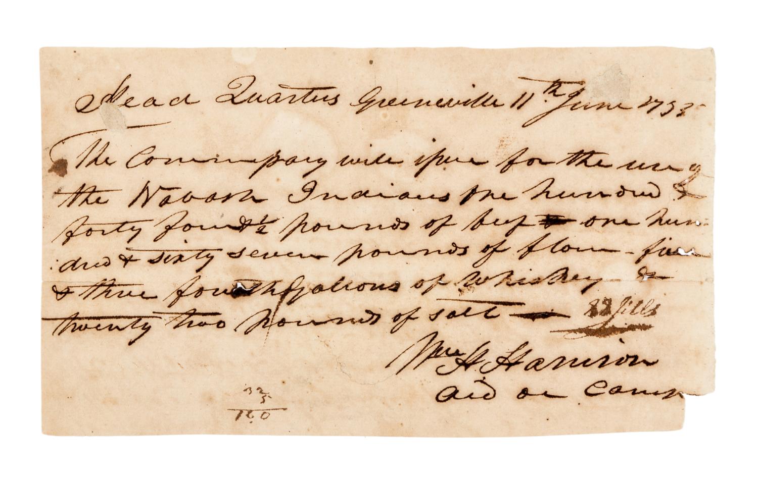HARRISON, William Henry. Autographed Document Signed ("W.H. Harrison/aid de camp"), to an unnamed recipient, Greeneville, 1795.
