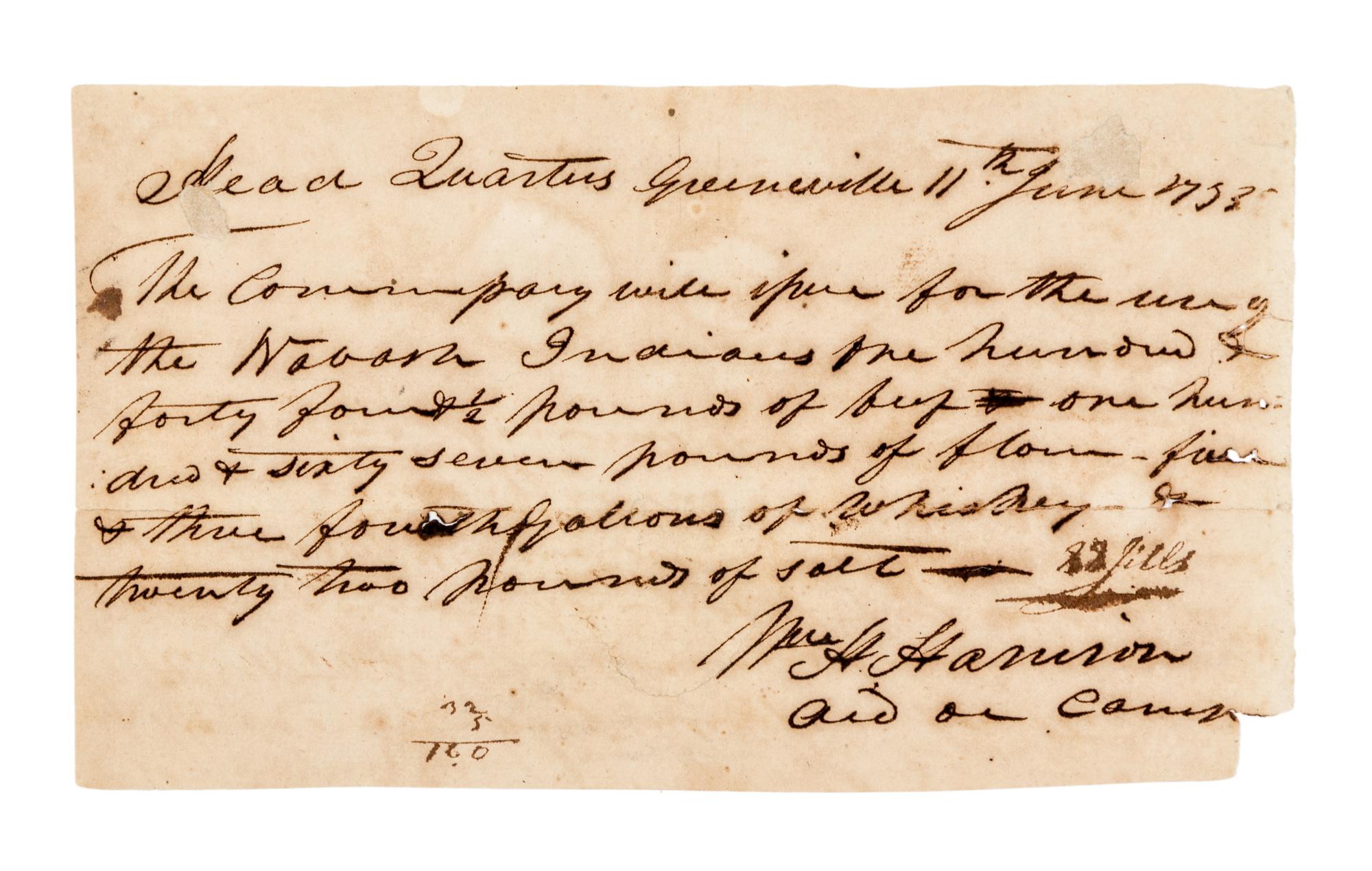 HARRISON, William Henry. Autographed Document Signed ("W.H. Harrison/aid de camp"), to an unnamed recipient, Greeneville, 1795.