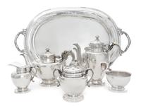 A Mexican Silver Six-Piece Tea and Coffee Service, Sanborns, Mexico City, First Half 20th Century, comprising a coffee pot, teapot, cre