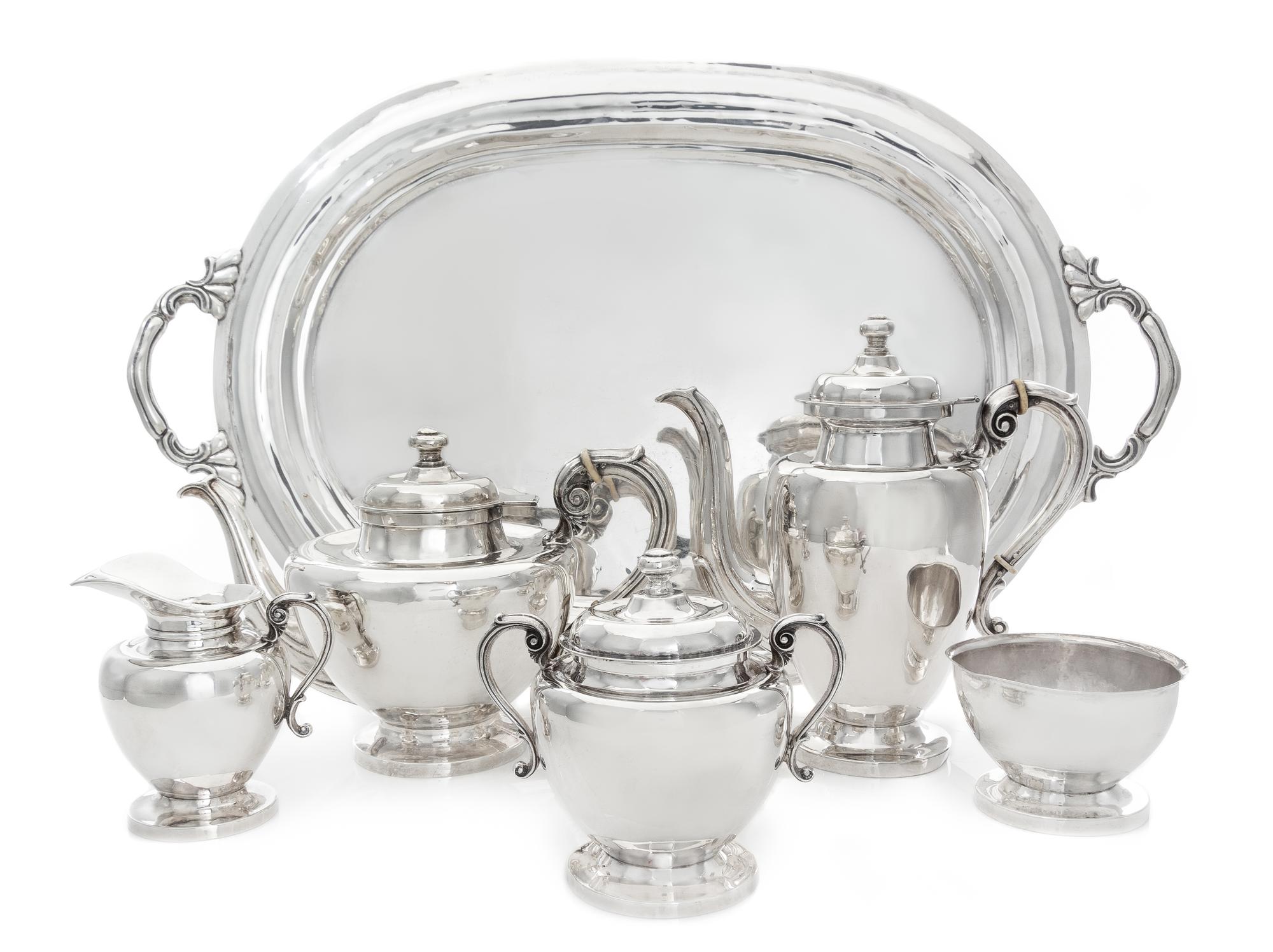 A Mexican Silver Six-Piece Tea and Coffee Service, Sanborns, Mexico City, First Half 20th Century, comprising a coffee pot, teapot, cre