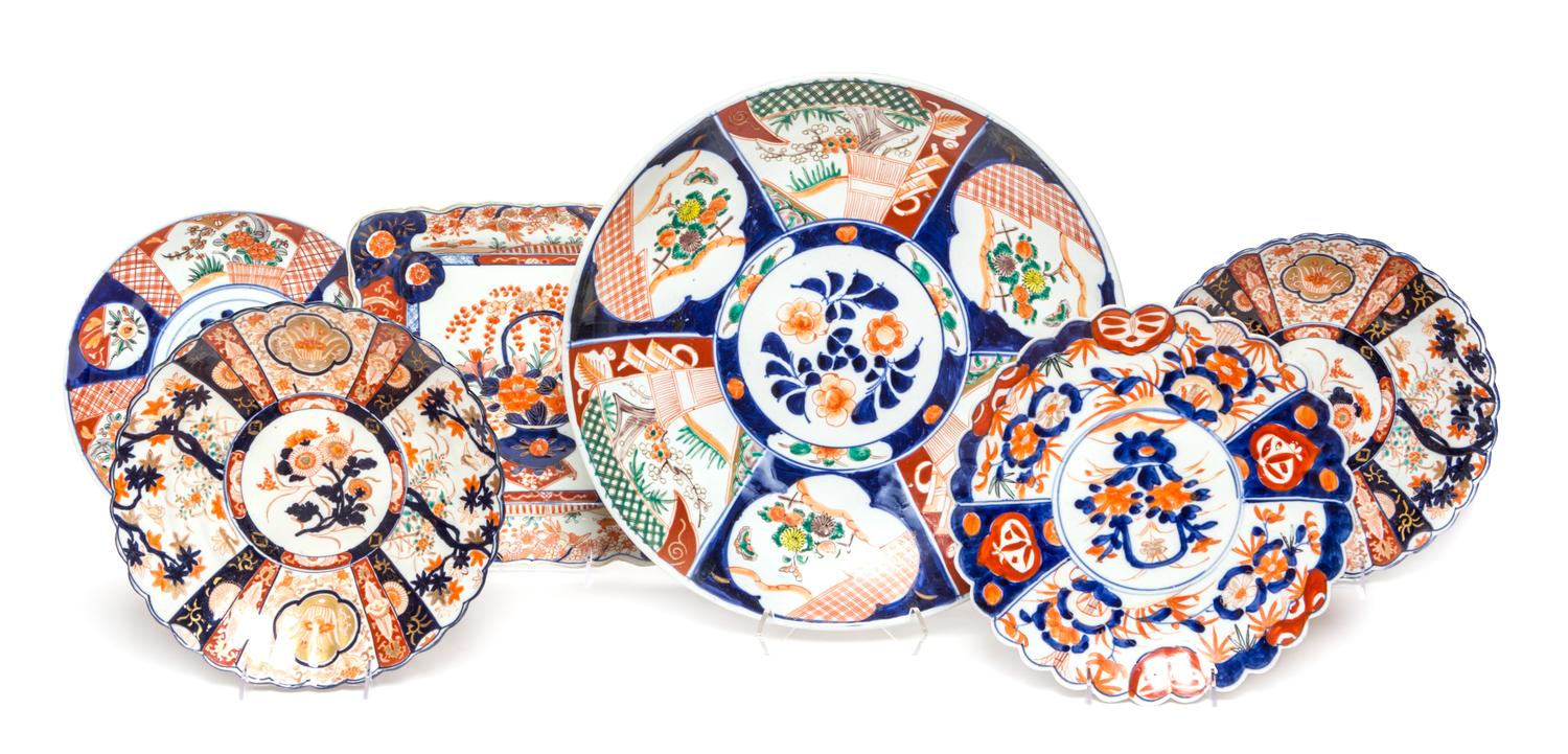 A Group of Imari Palette Porcelain Articles Diameter of largest 18 inches.