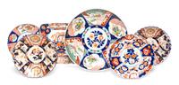 A Group of Imari Palette Porcelain Articles Diameter of largest 18 inches.