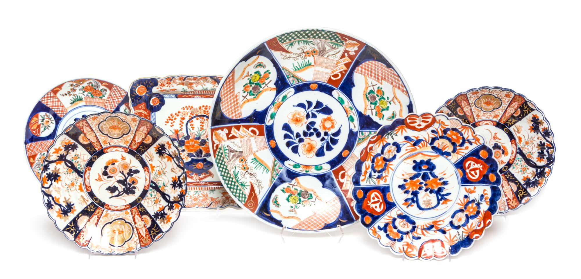 A Group of Imari Palette Porcelain Articles Diameter of largest 18 inches.