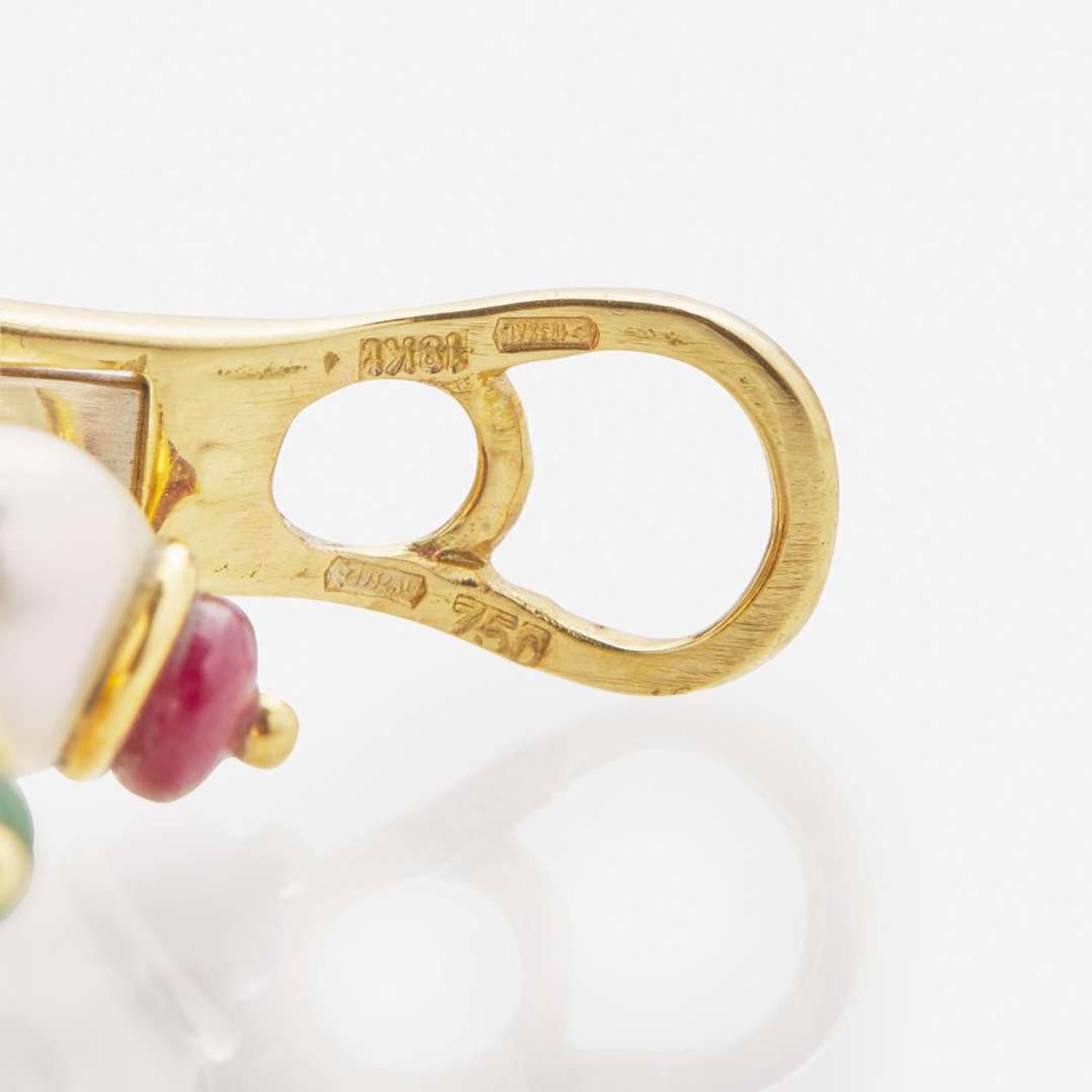 A Pair of 18K Yellow Gold, Pearl, and Gemstone Ear Clips by Roberto Legnazzi