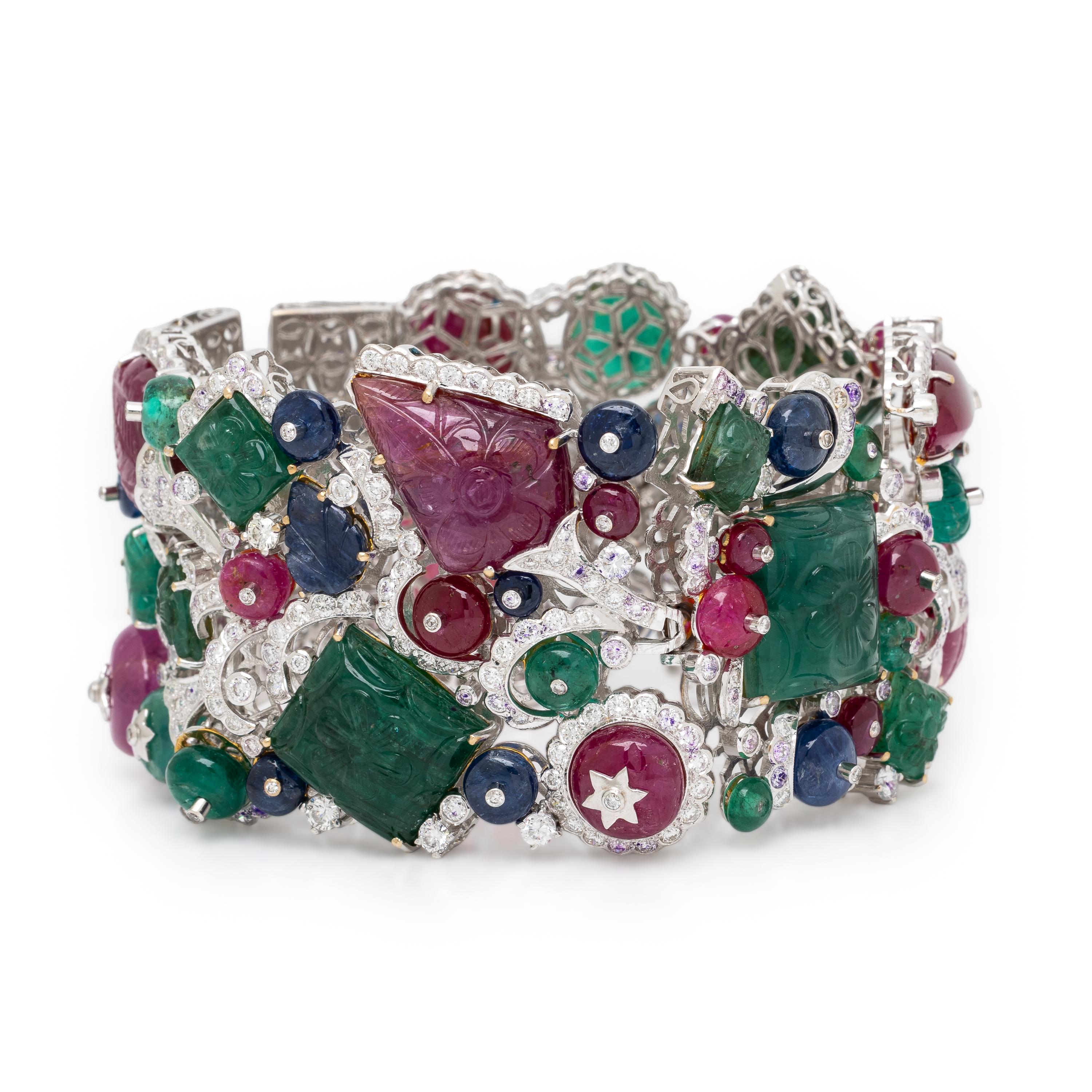 Ruby, Sapphire, Emerald, Diamond, and White Gold Bracelet