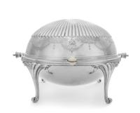 An English Silver-Plate Bacon Warmer, Elkington & Co., Birmingham, of ovoid form, the swiveling top with reeded decoration above foliat