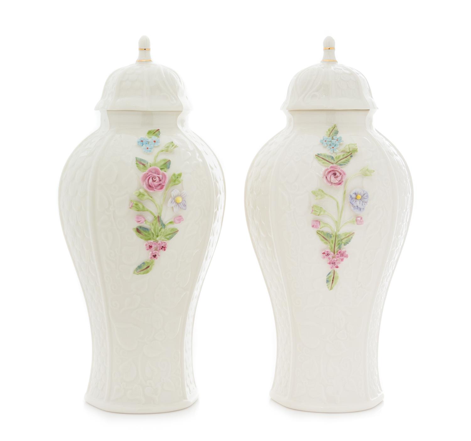 A Pair of Belleek Millennium Covered Vases Height 12 inches. — MILLENNIUM MARK (2000)