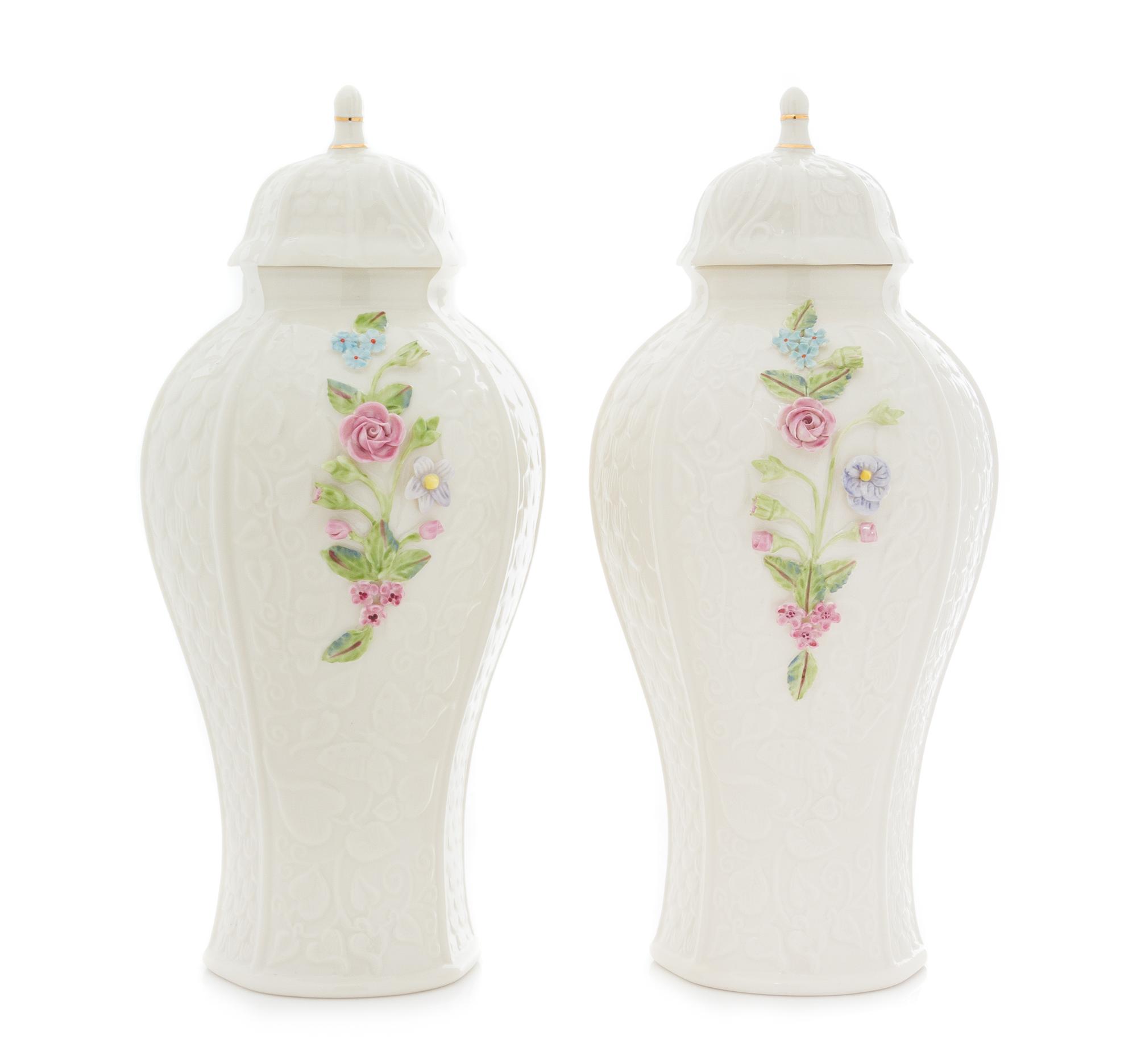 A Pair of Belleek Millennium Covered Vases Height 12 inches. — MILLENNIUM MARK (2000)