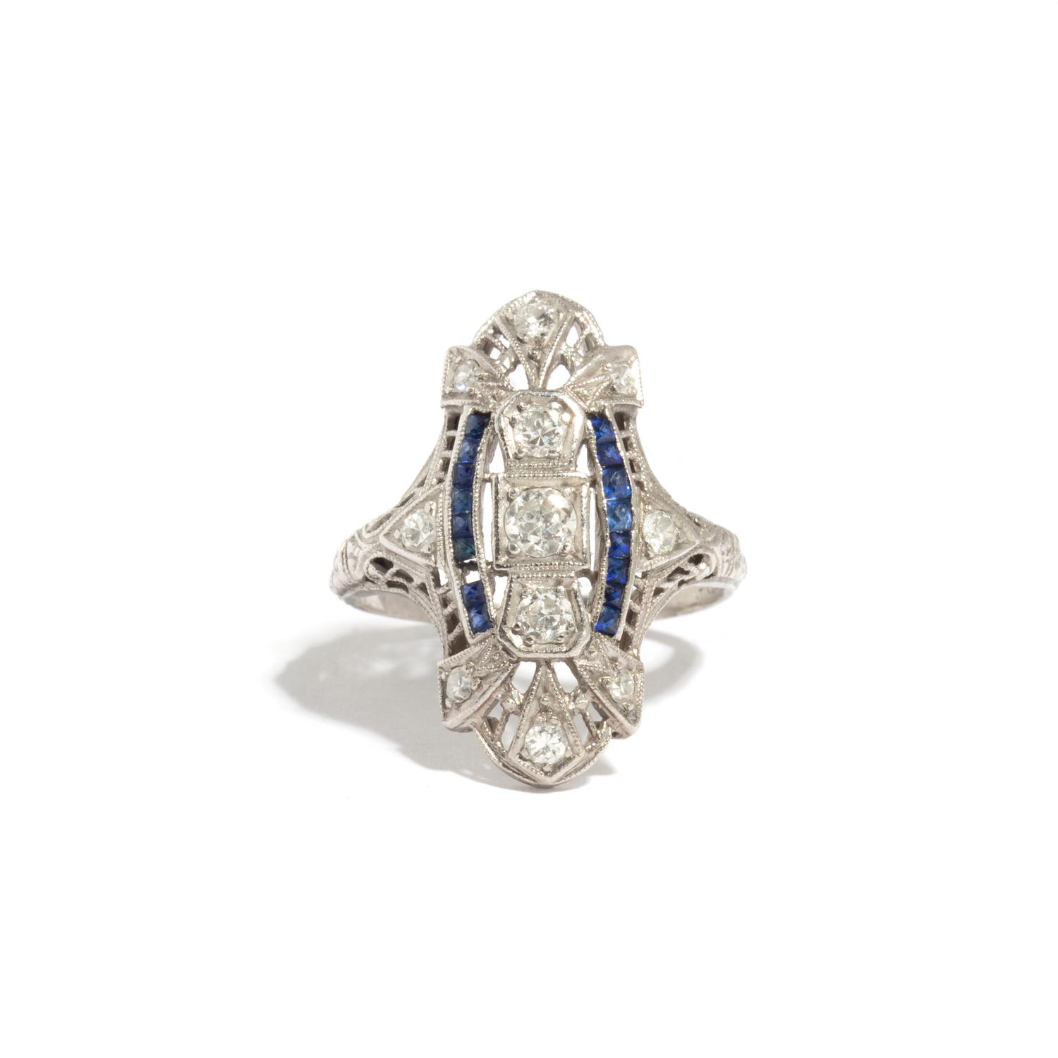 PLATINUM, DIAMOND, AND SAPPHIRE RING