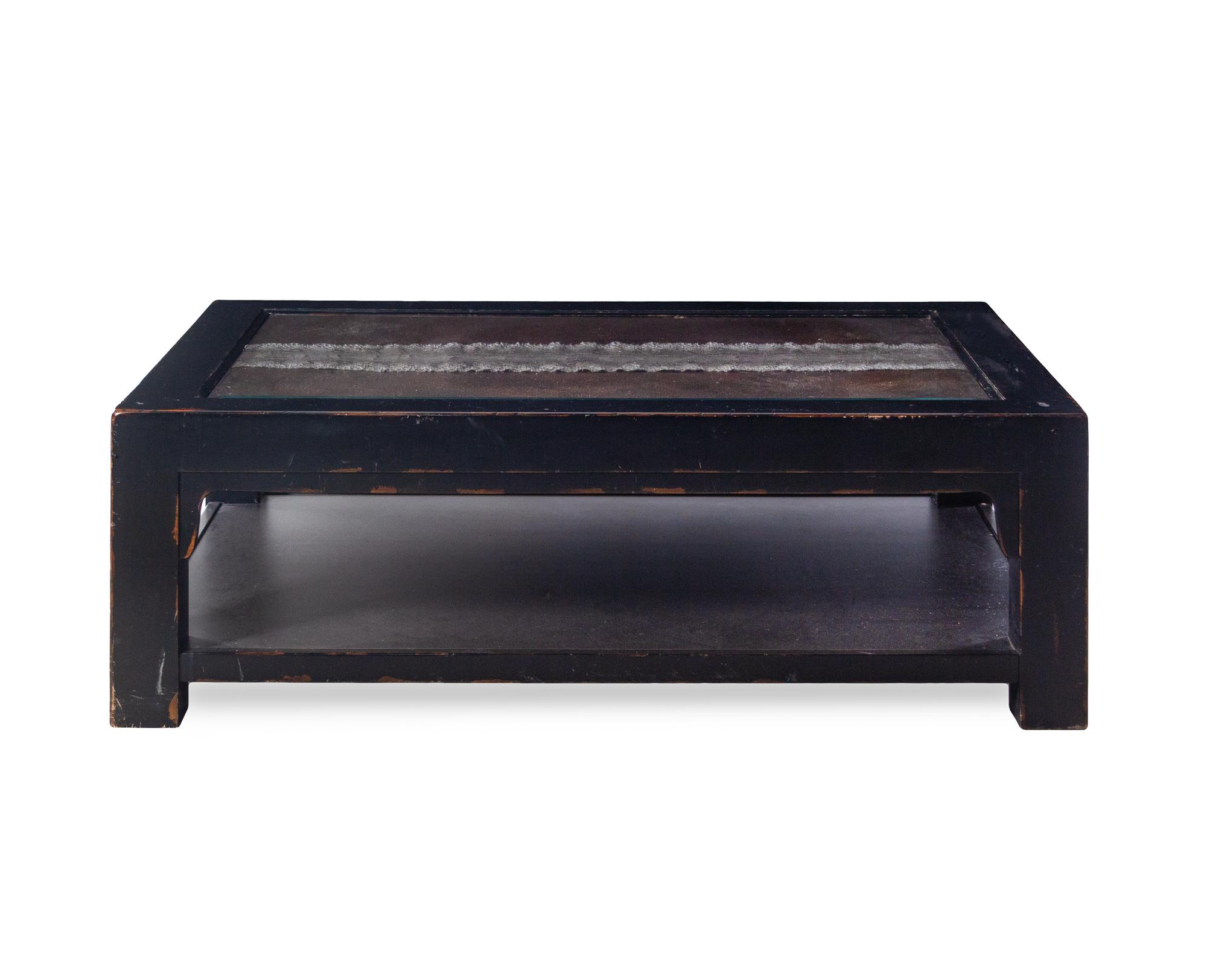 A Chinese Style Black Lacquer Low Table with Rattan and a Python-Skin Inset Top