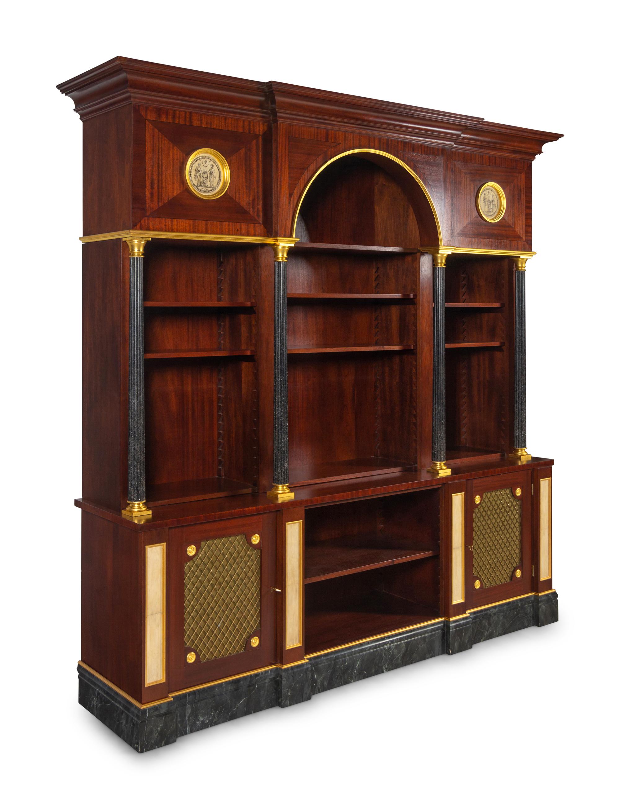 APPROVED FOR DONATION A Neoclassical Style Gilt Metal Mounted Mahogany and Faux Marble Illuminated Bookcase