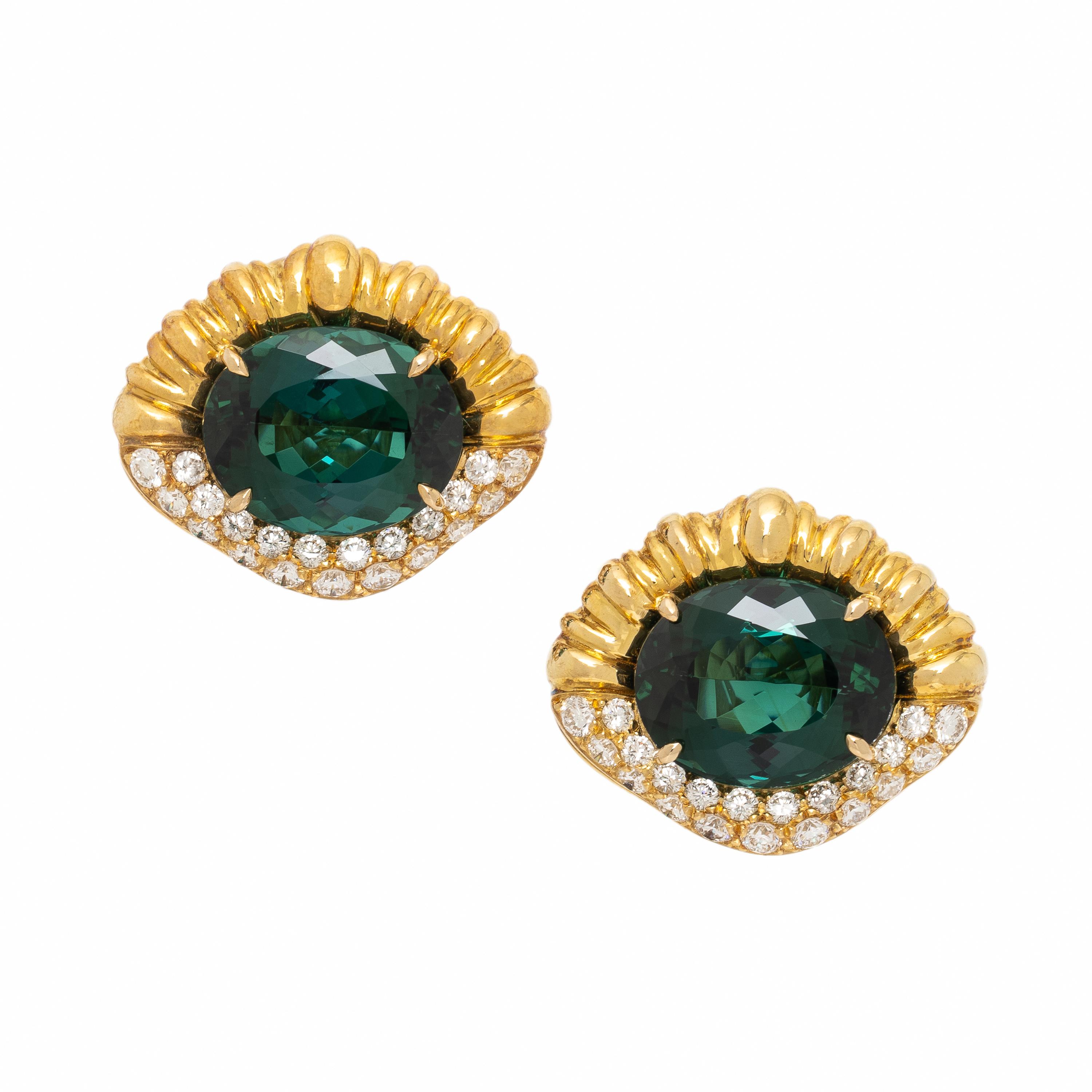 Lois Sasson, Yellow Gold, Green Tourmaline, and Diamond Earrings