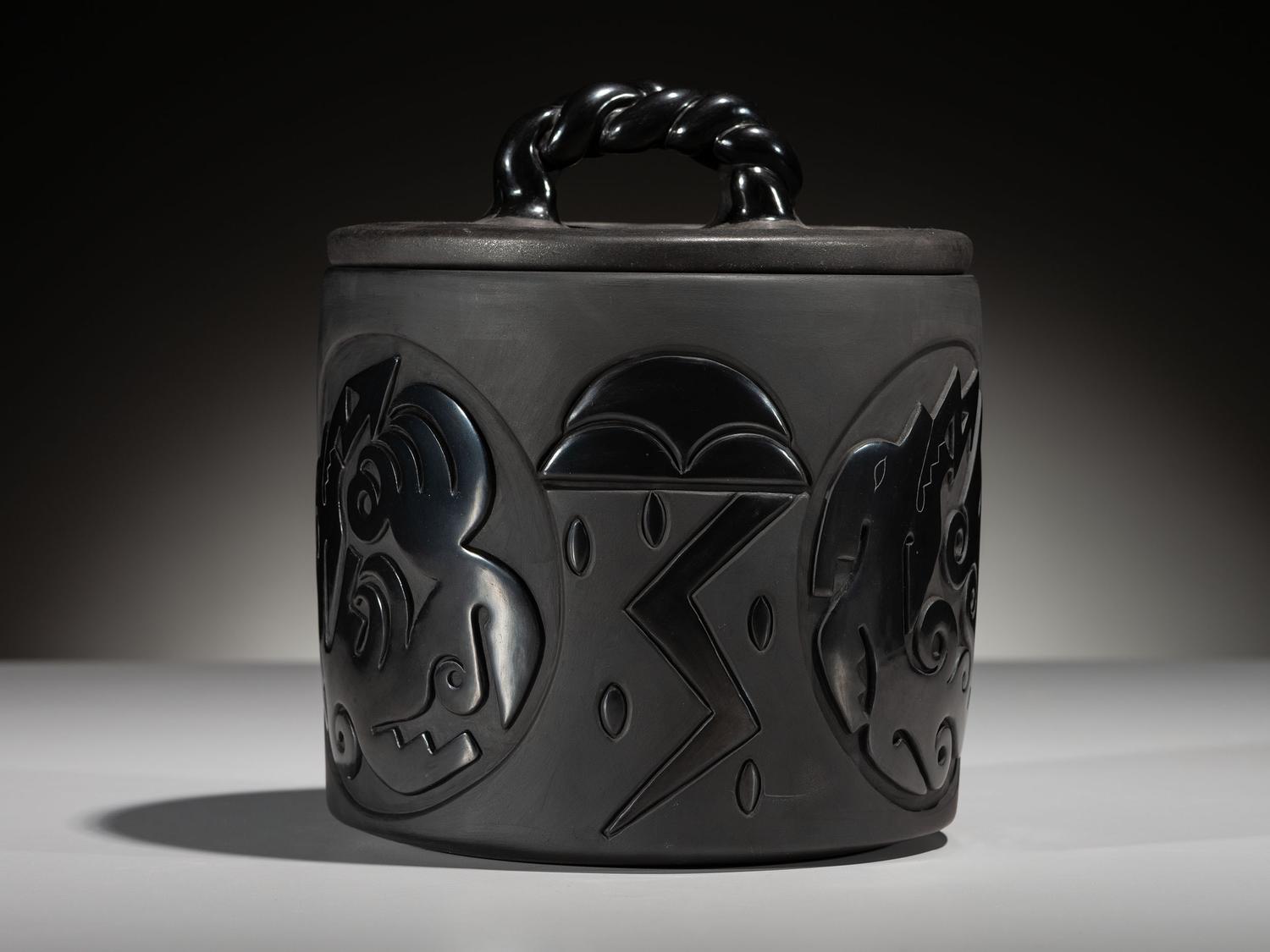 Carved Blackware Pottery Container, with Lid
