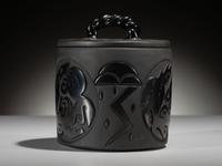 Carved Blackware Pottery Container, with Lid