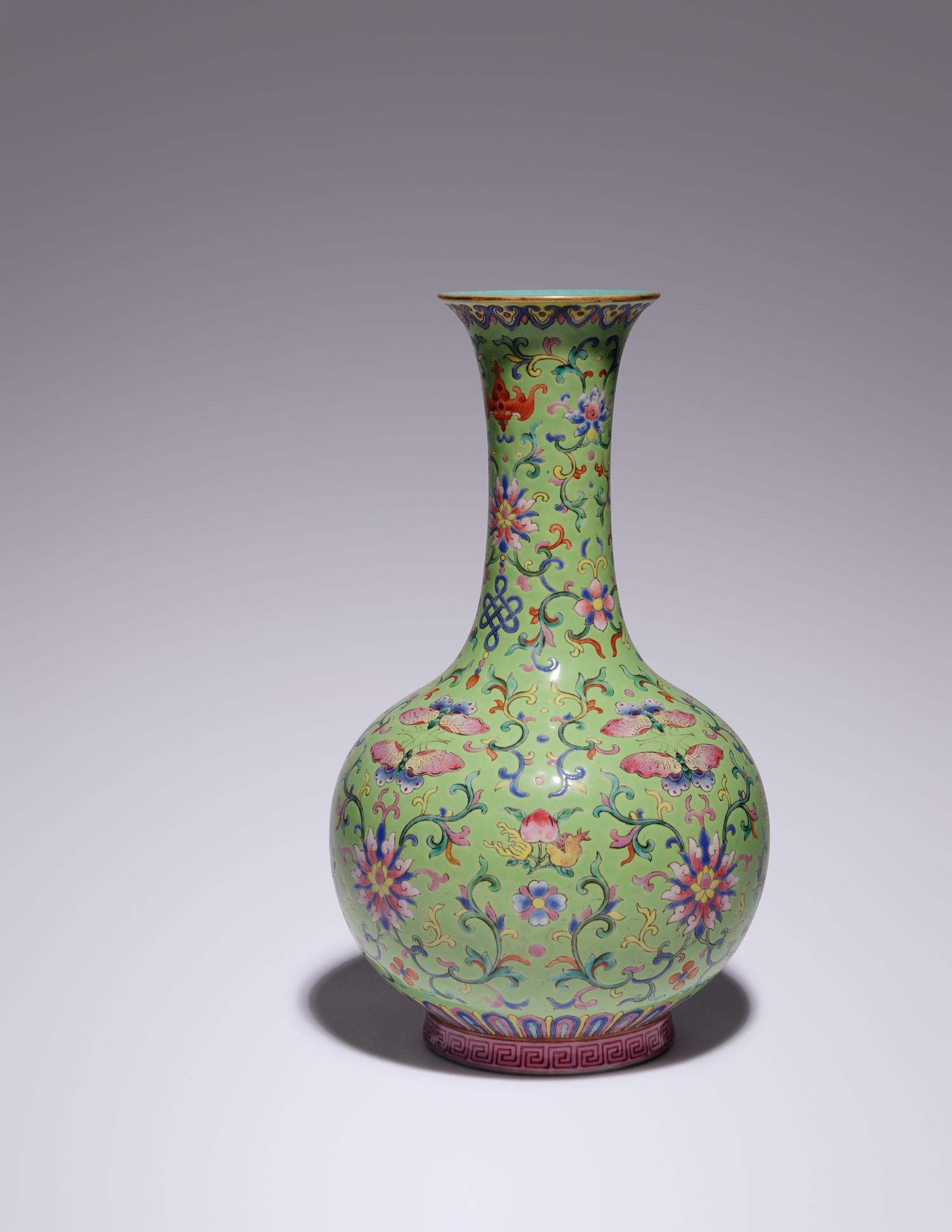 A Lime-Green Ground Famille Rose Porcelain Bottle Vase