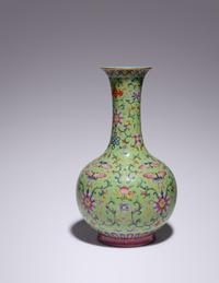 A Lime-Green Ground Famille Rose Porcelain Bottle Vase