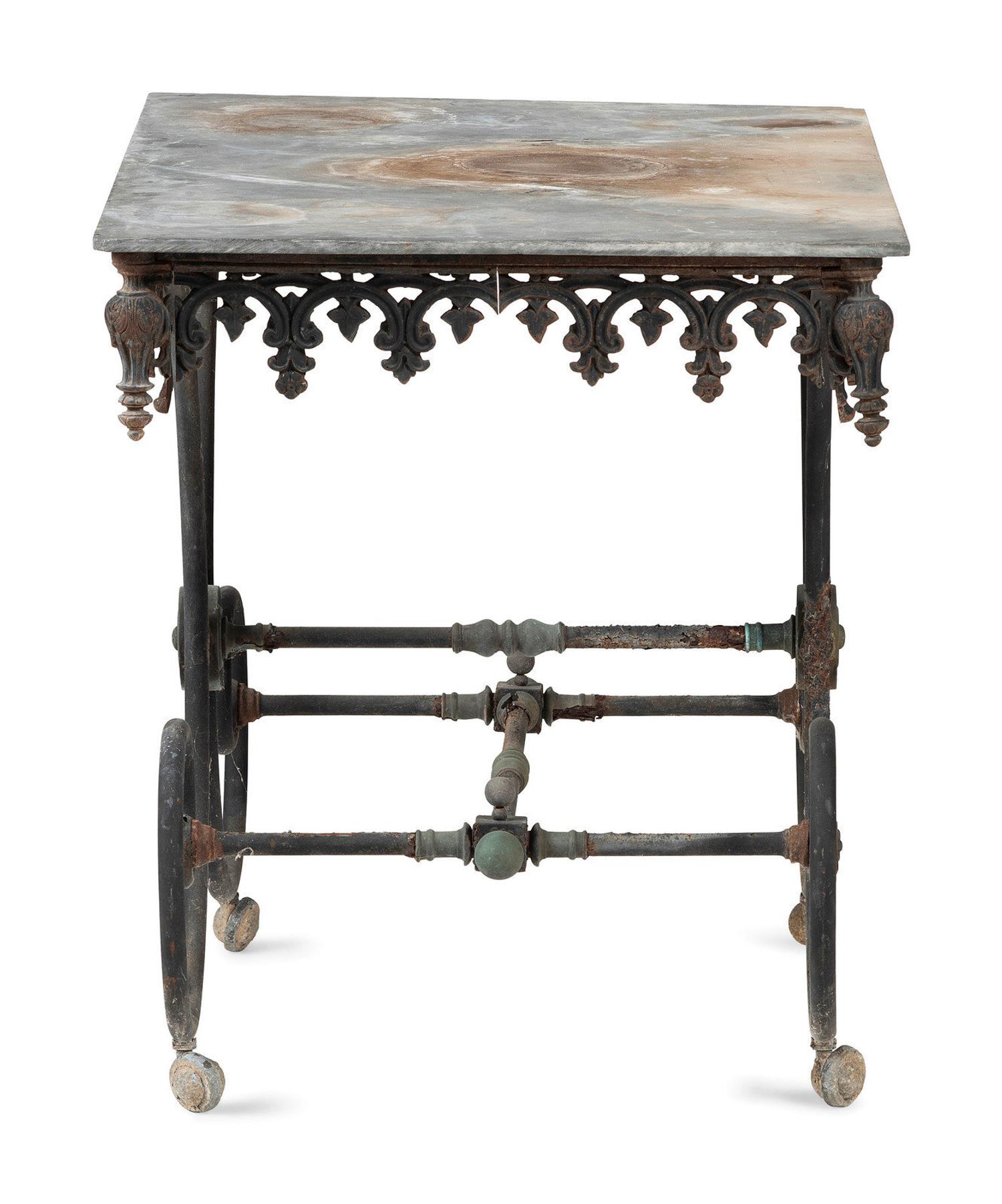 Two Wrought Iron Marble Top Console Tables
