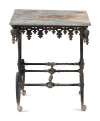 Two Wrought Iron Marble Top Console Tables