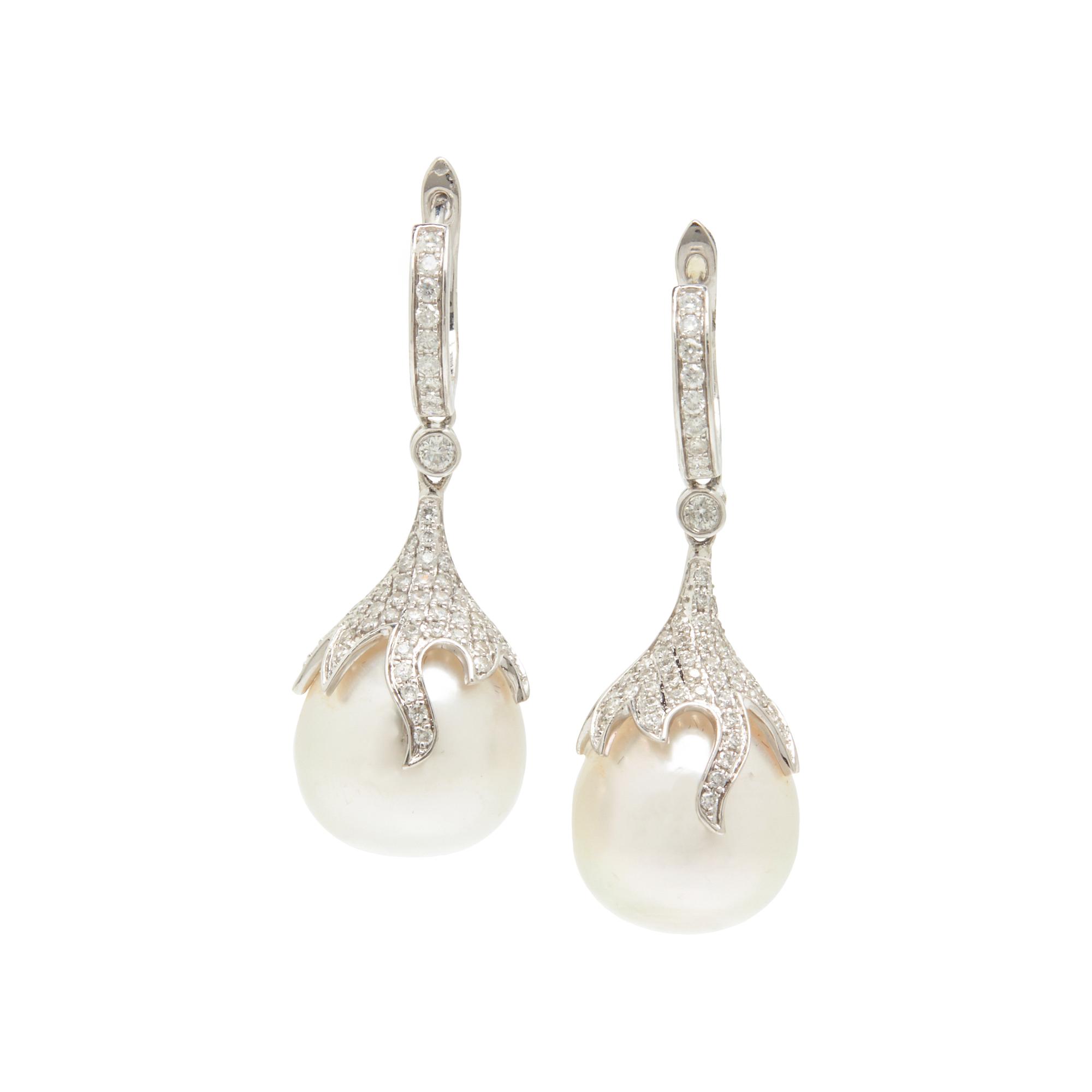 WHITE GOLD, CULTURED SOUTH SEA PEARL, AND DIAMOND EARRINGS