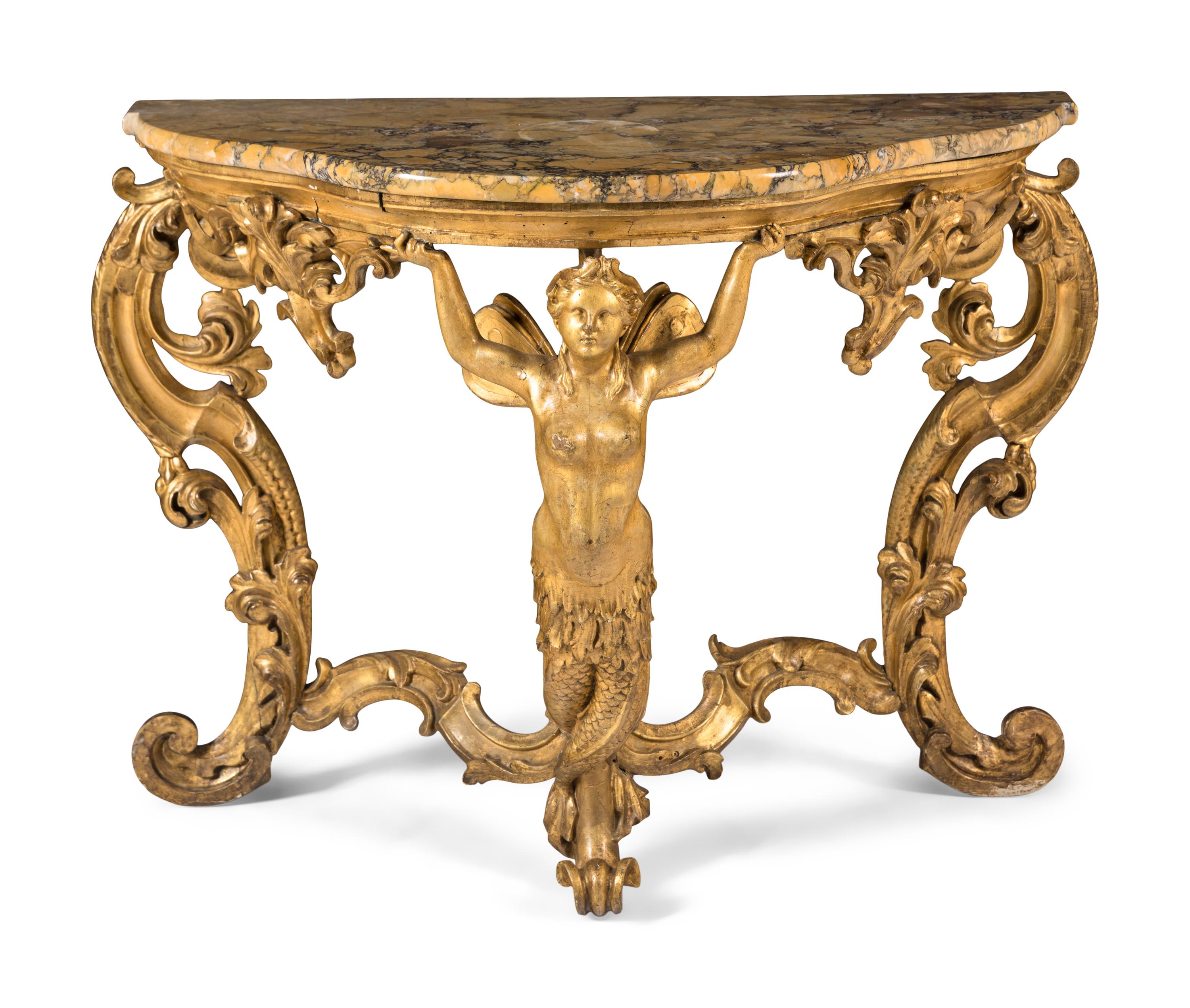 An Italian Rococo Style Giltwood and Giallo Antico Marble-Top Console Table